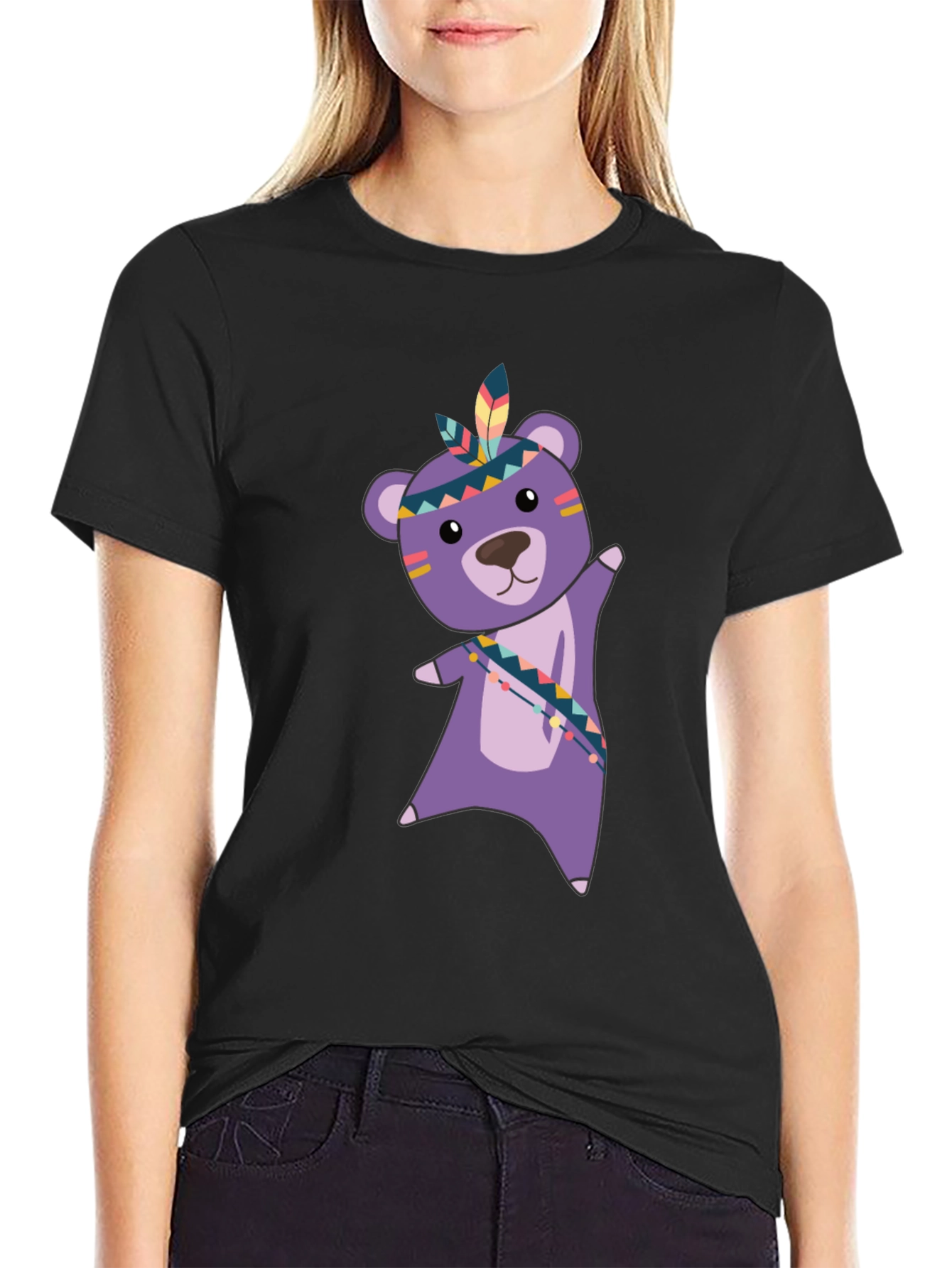 Cute Bear Graphic Tee - Black Cotton T-Shirt