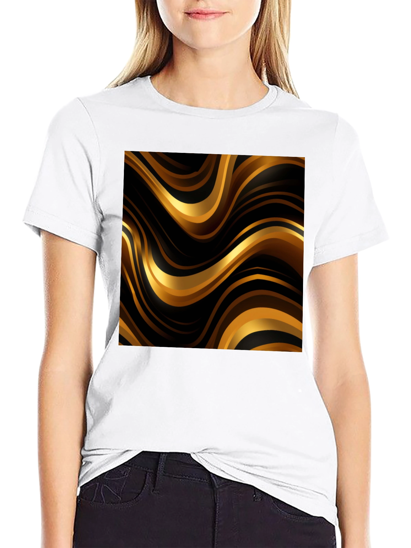 Mens Black T-Shirt with Golden Wave Design