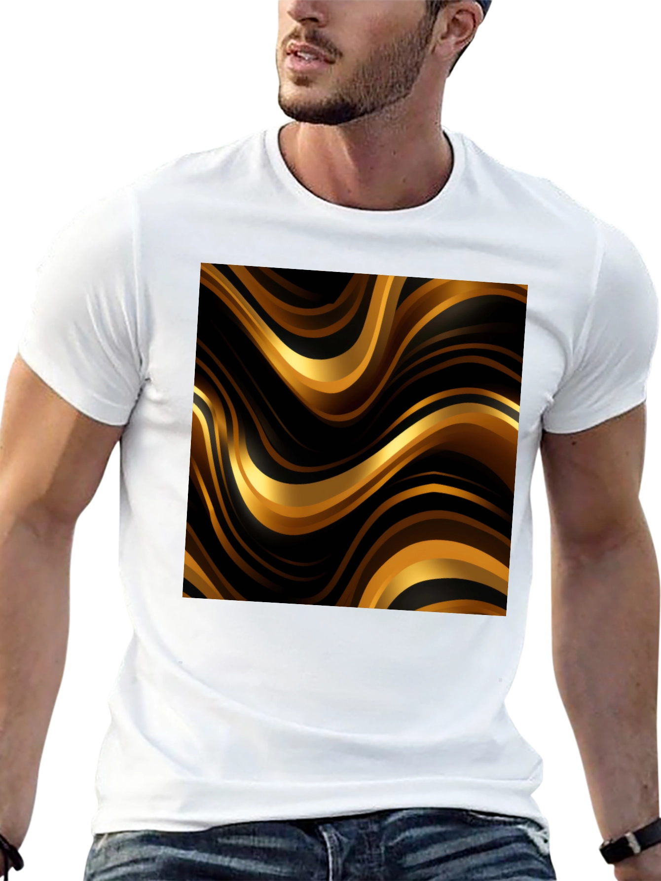 Mens Black T-Shirt with Golden Wave Design