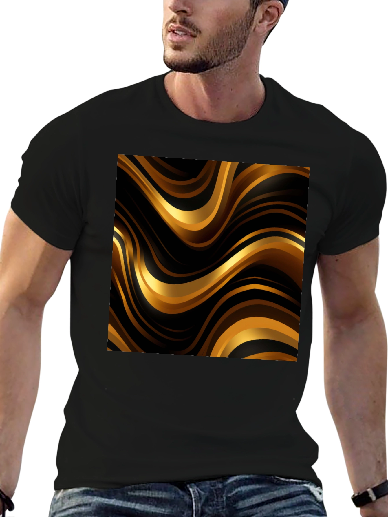Mens Black T-Shirt with Golden Wave Design