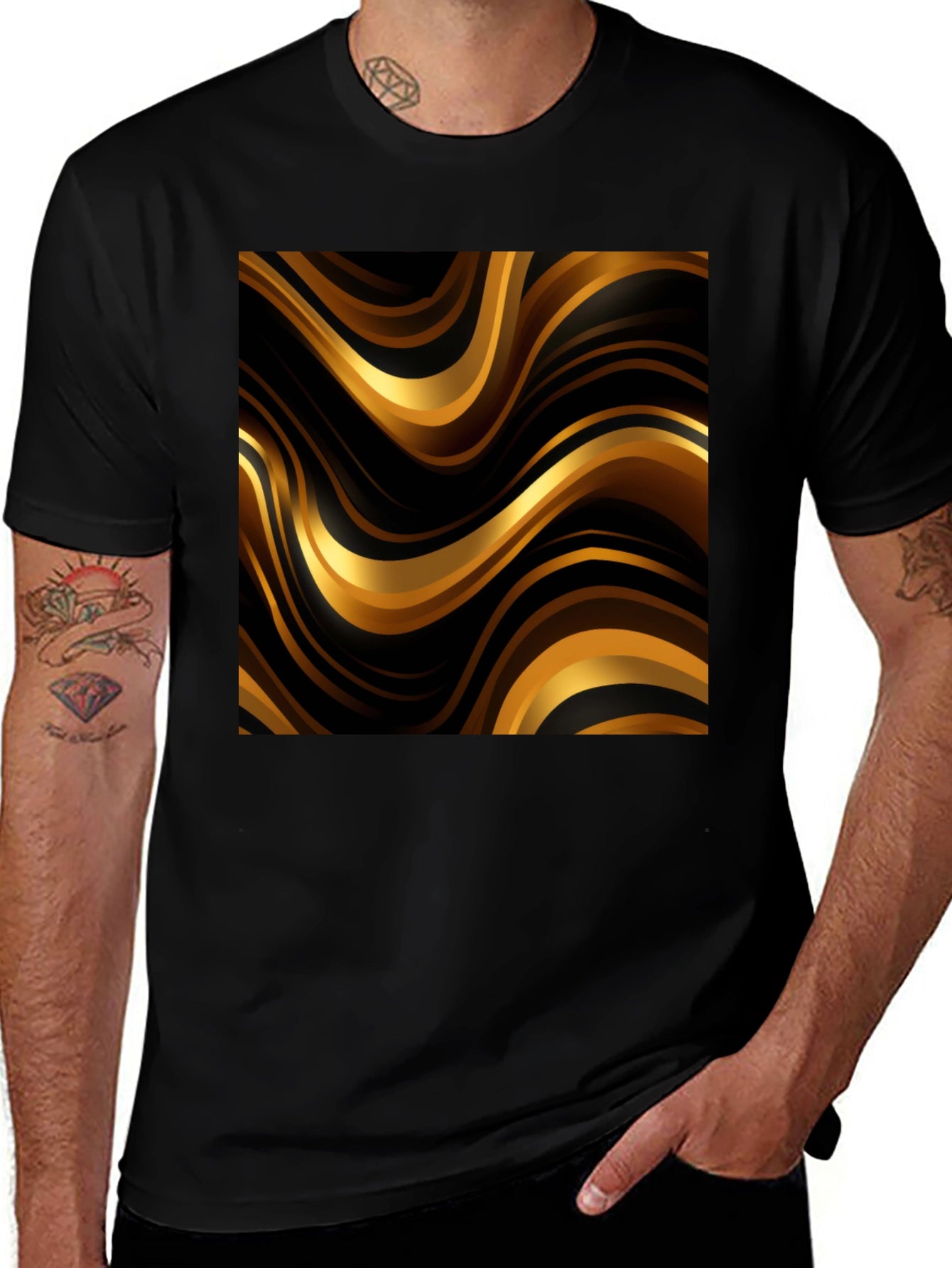 Mens Black T-Shirt with Golden Wave Design
