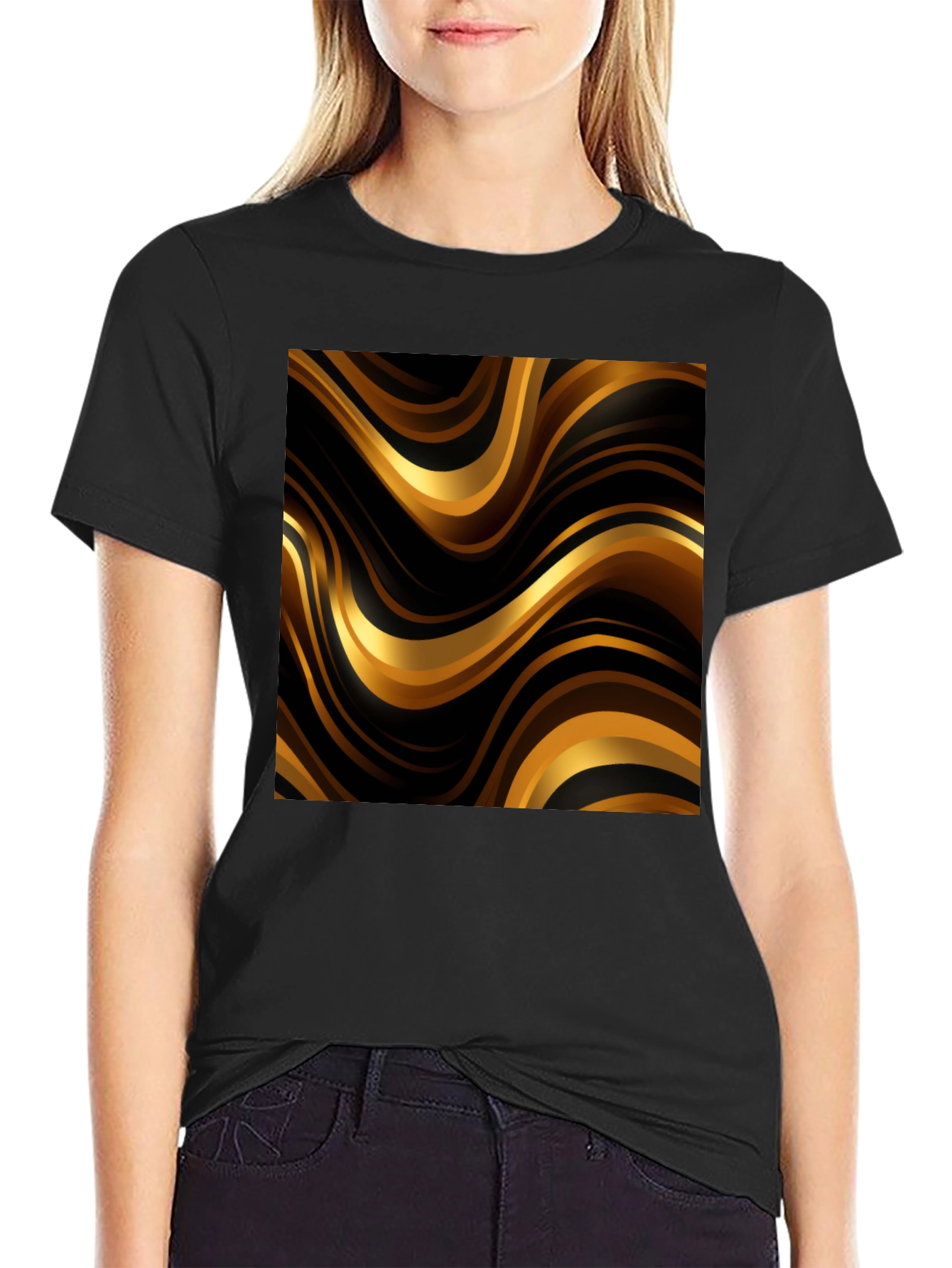 Mens Black T-Shirt with Golden Wave Design
