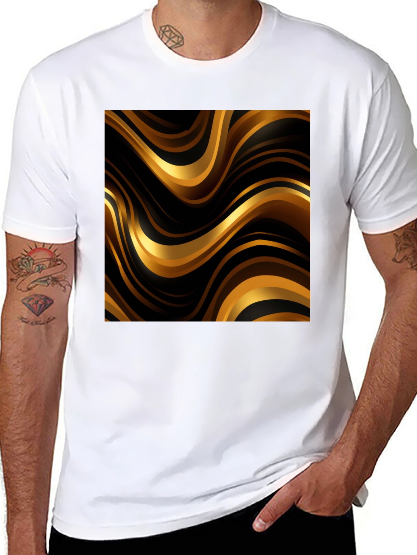 Mens Black T-Shirt with Golden Wave Design