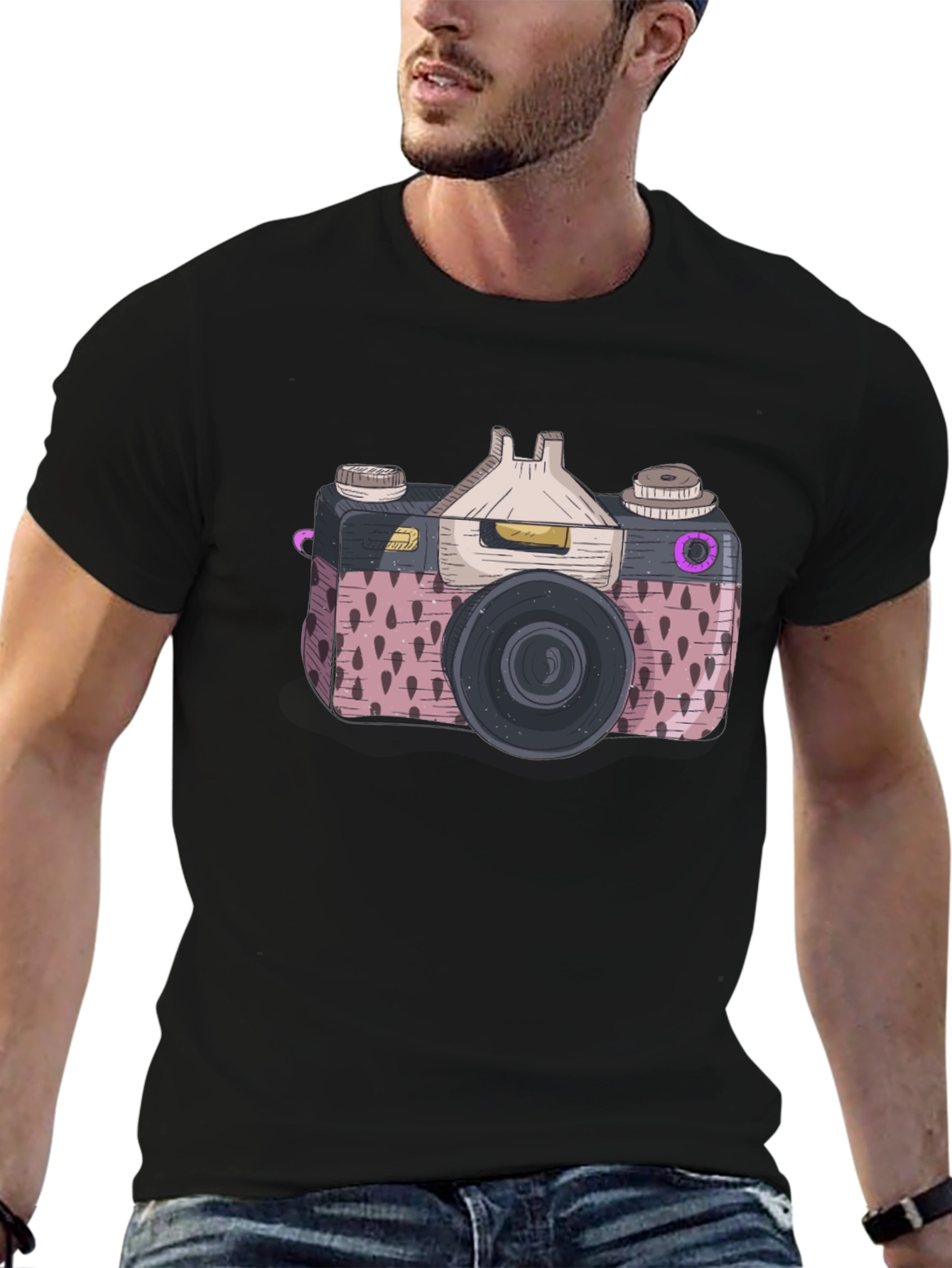 Retro Camera Graphic Tee - Stylish Mens Black T-Shirt