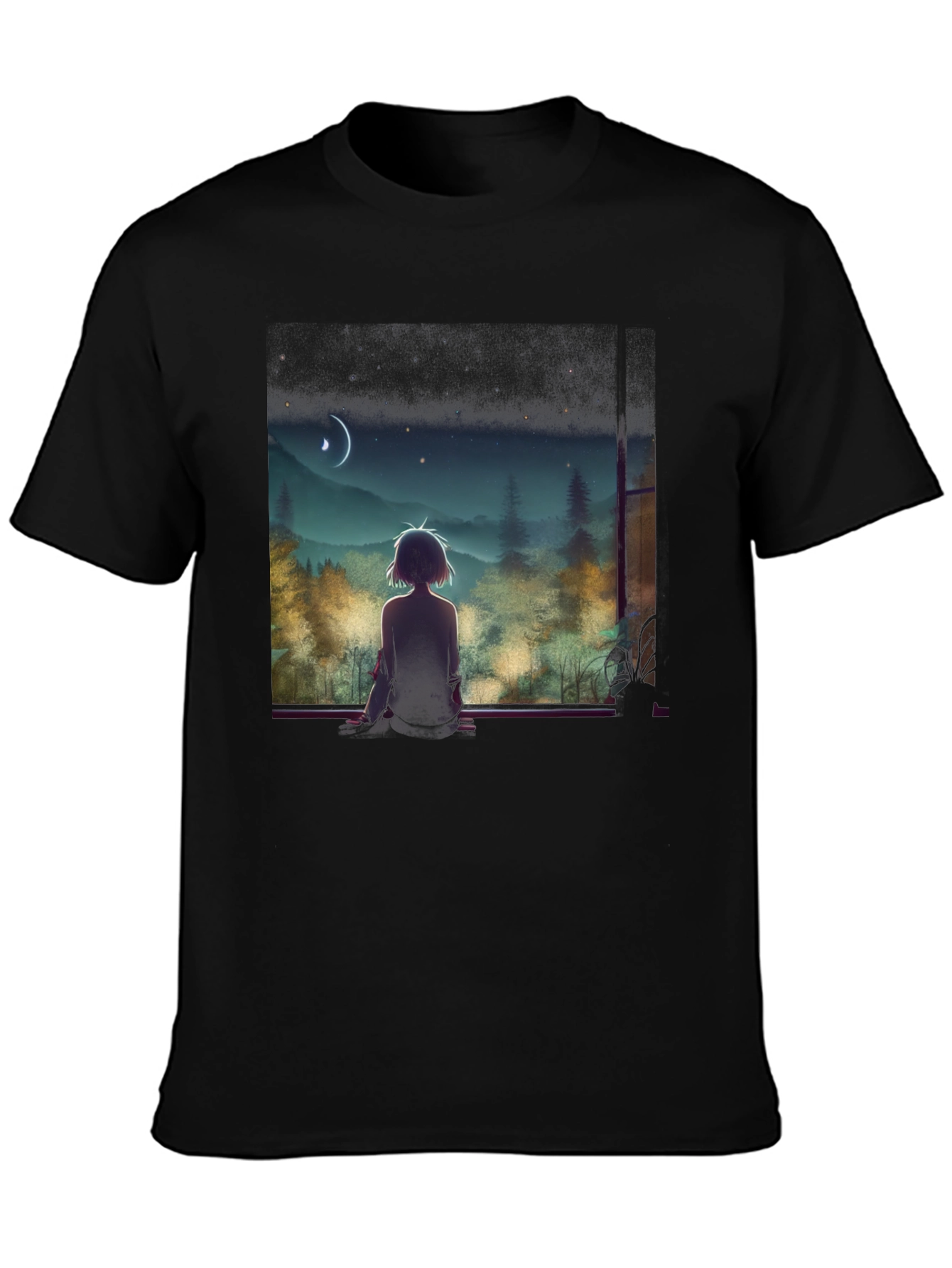 Anime Moonlit Night T-Shirt - Black