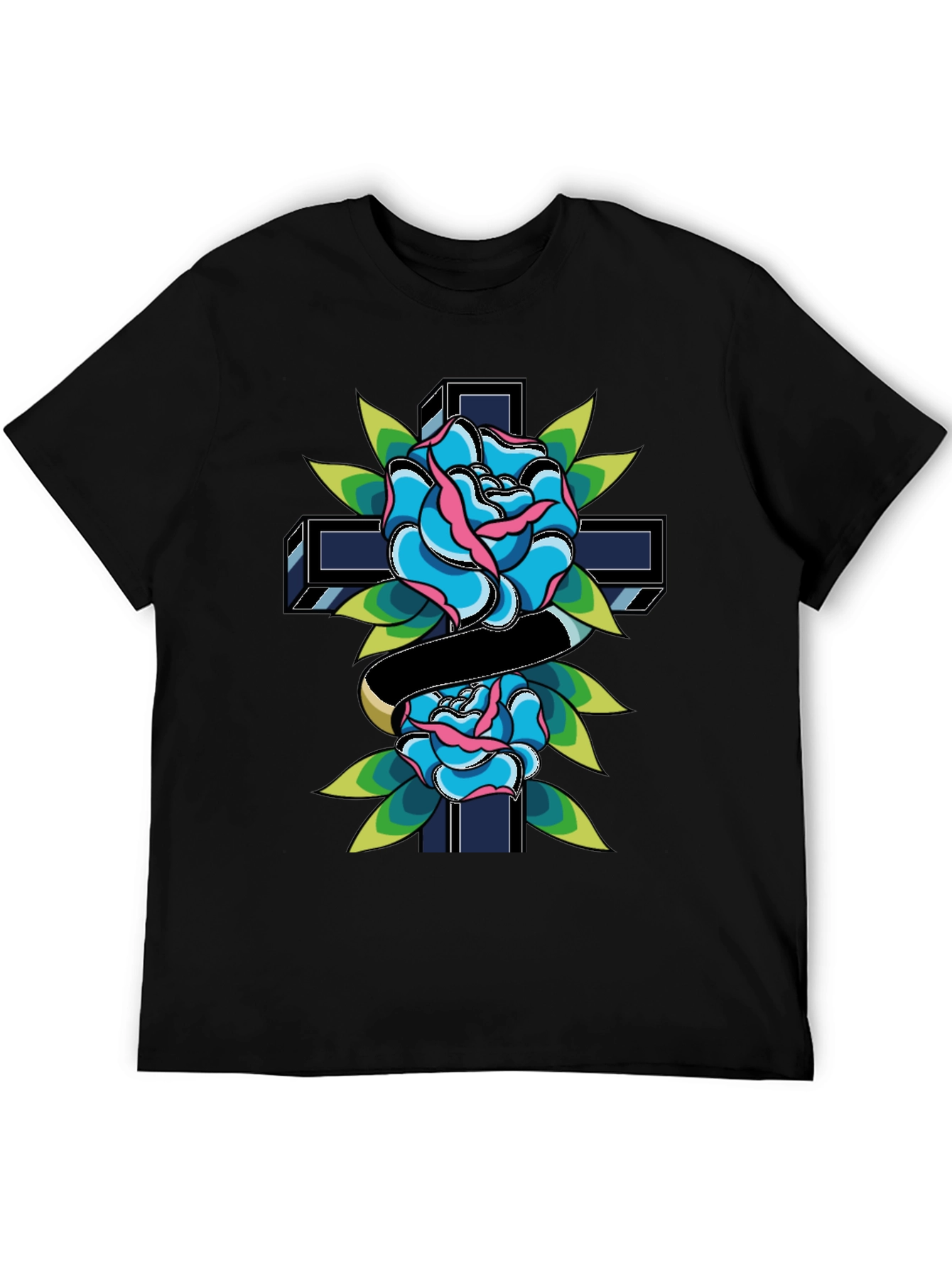 Rose & Cross Graphic Tee - Classic Tattoo Style