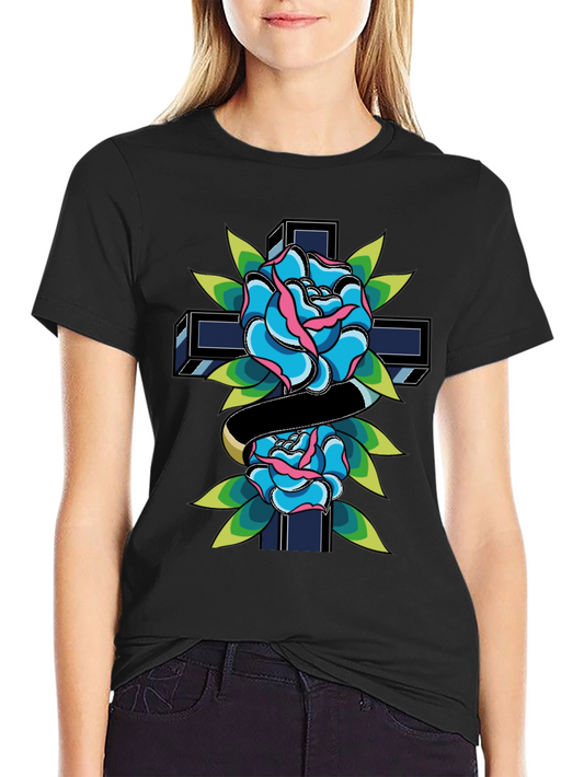 Rose & Cross Graphic Tee - Classic Tattoo Style