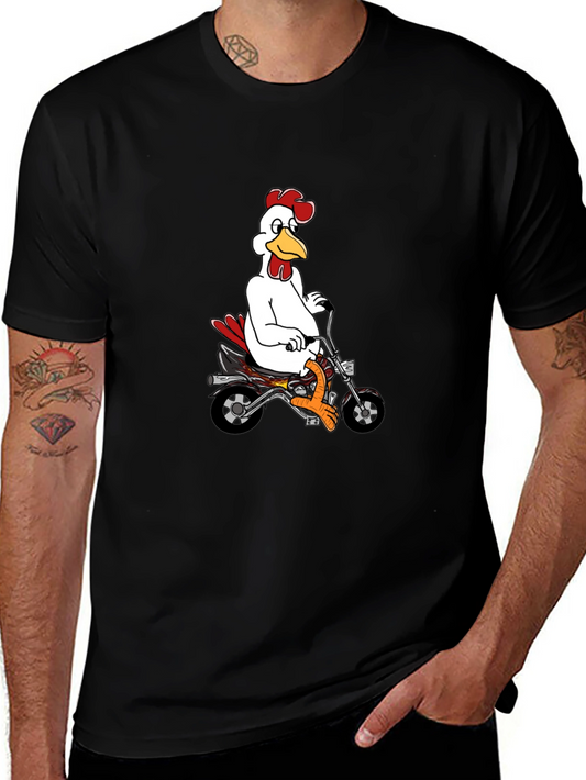 Mens Black T-Shirt with Chicken on Motorcycle Graphic