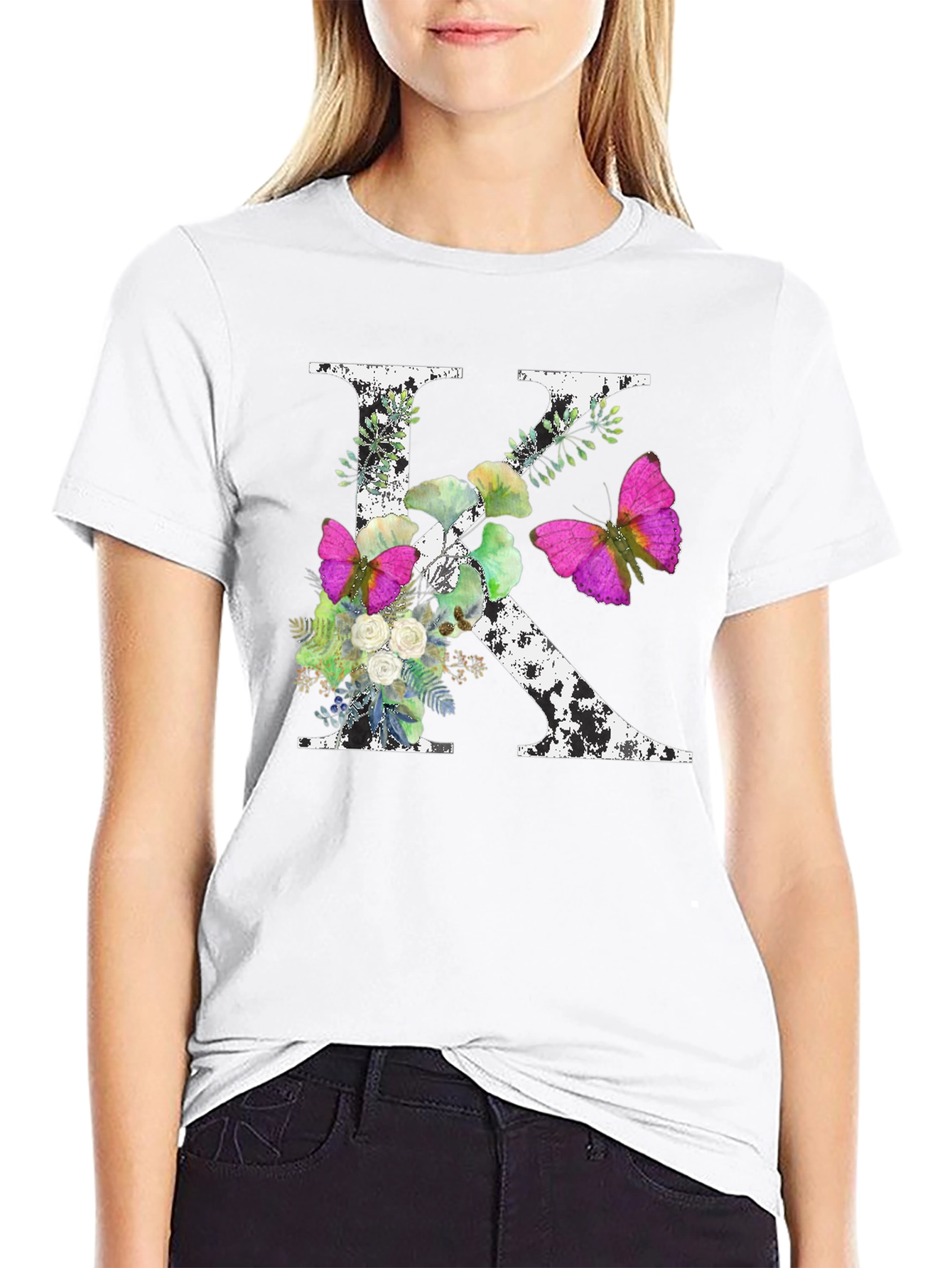 Floral Letter K T-Shirt - Custom Initial Tee