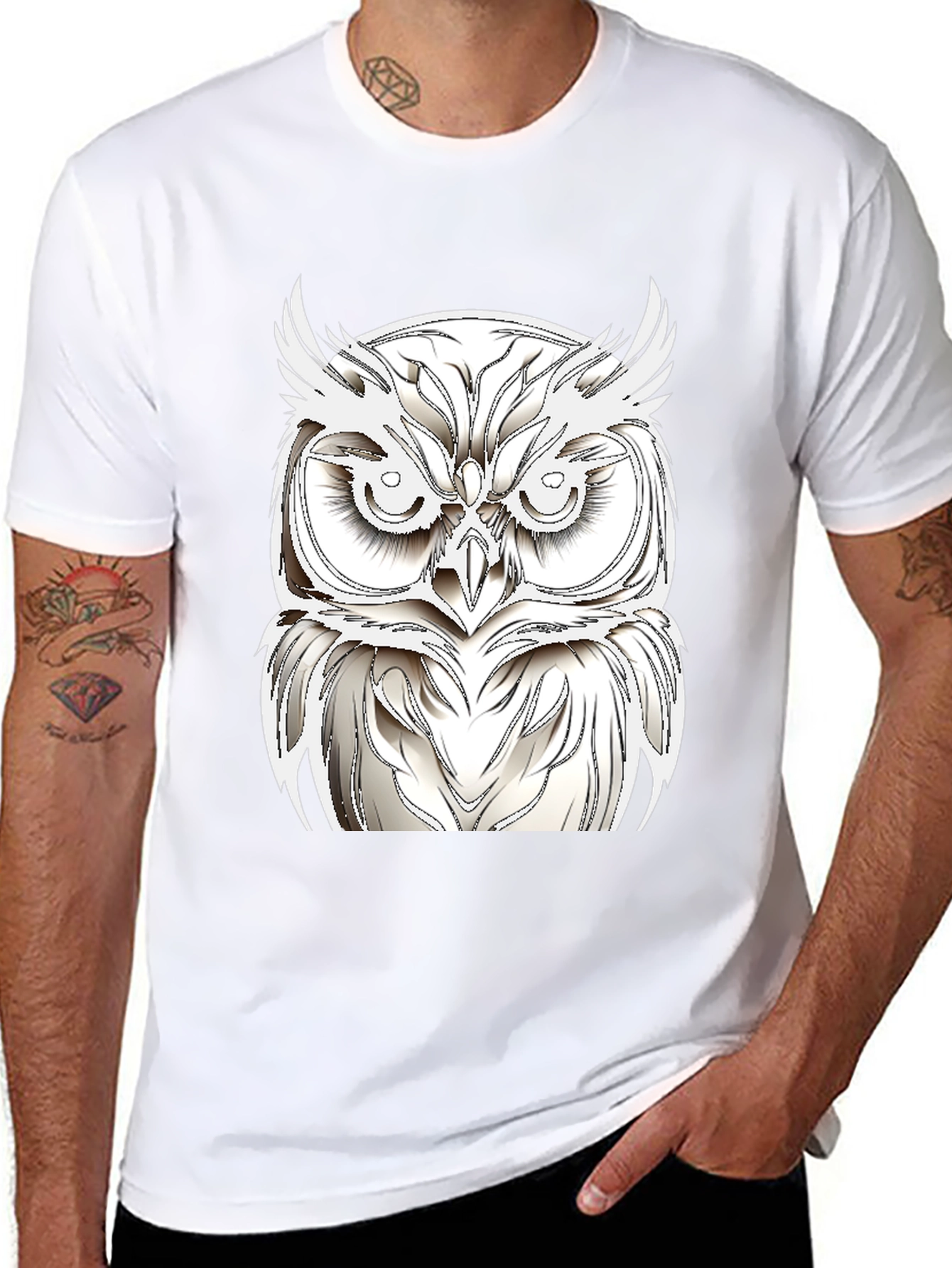 Black T-Shirt with White Owl Design