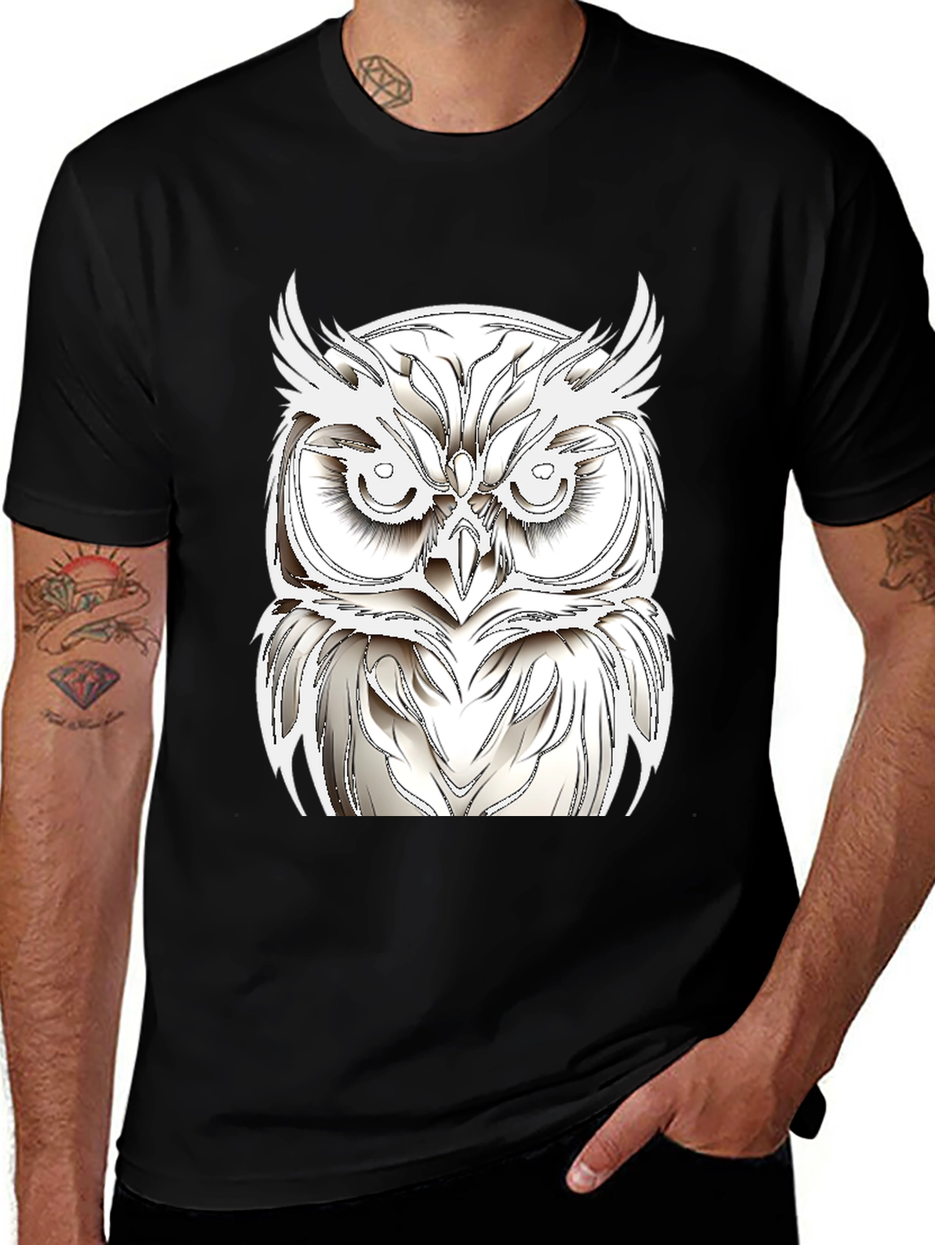 Black T-Shirt with White Owl Design