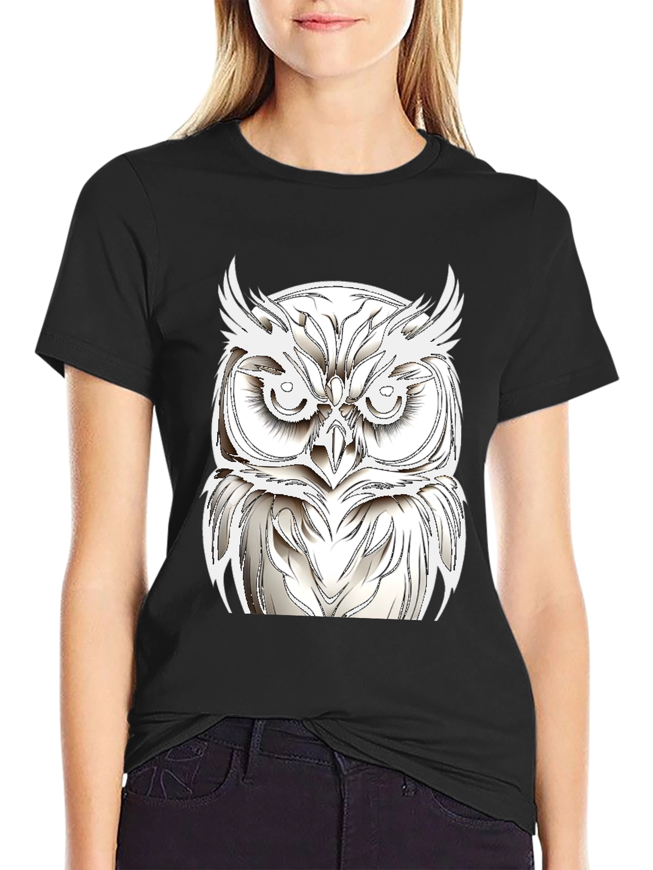 Black T-Shirt with White Owl Design