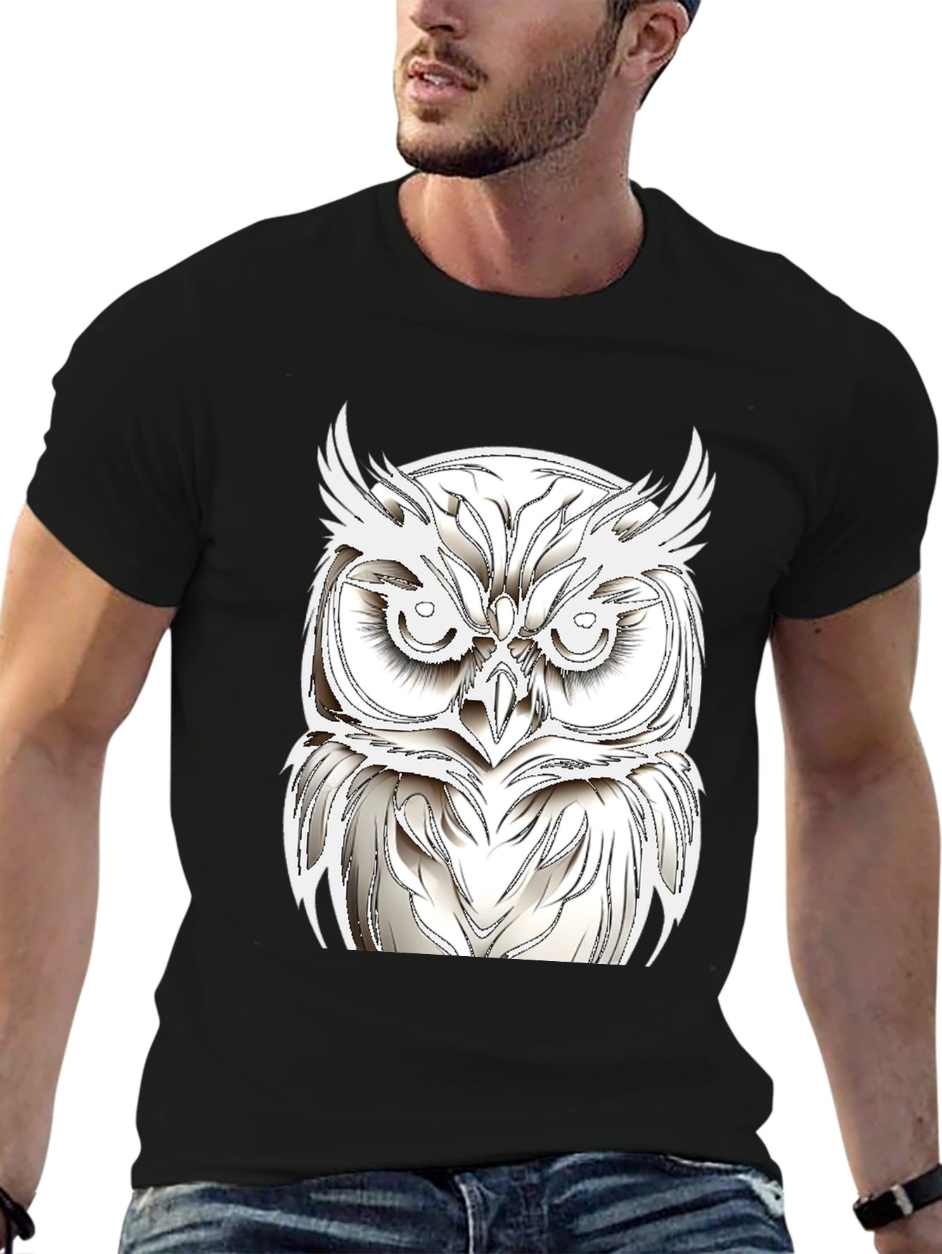 Black T-Shirt with White Owl Design