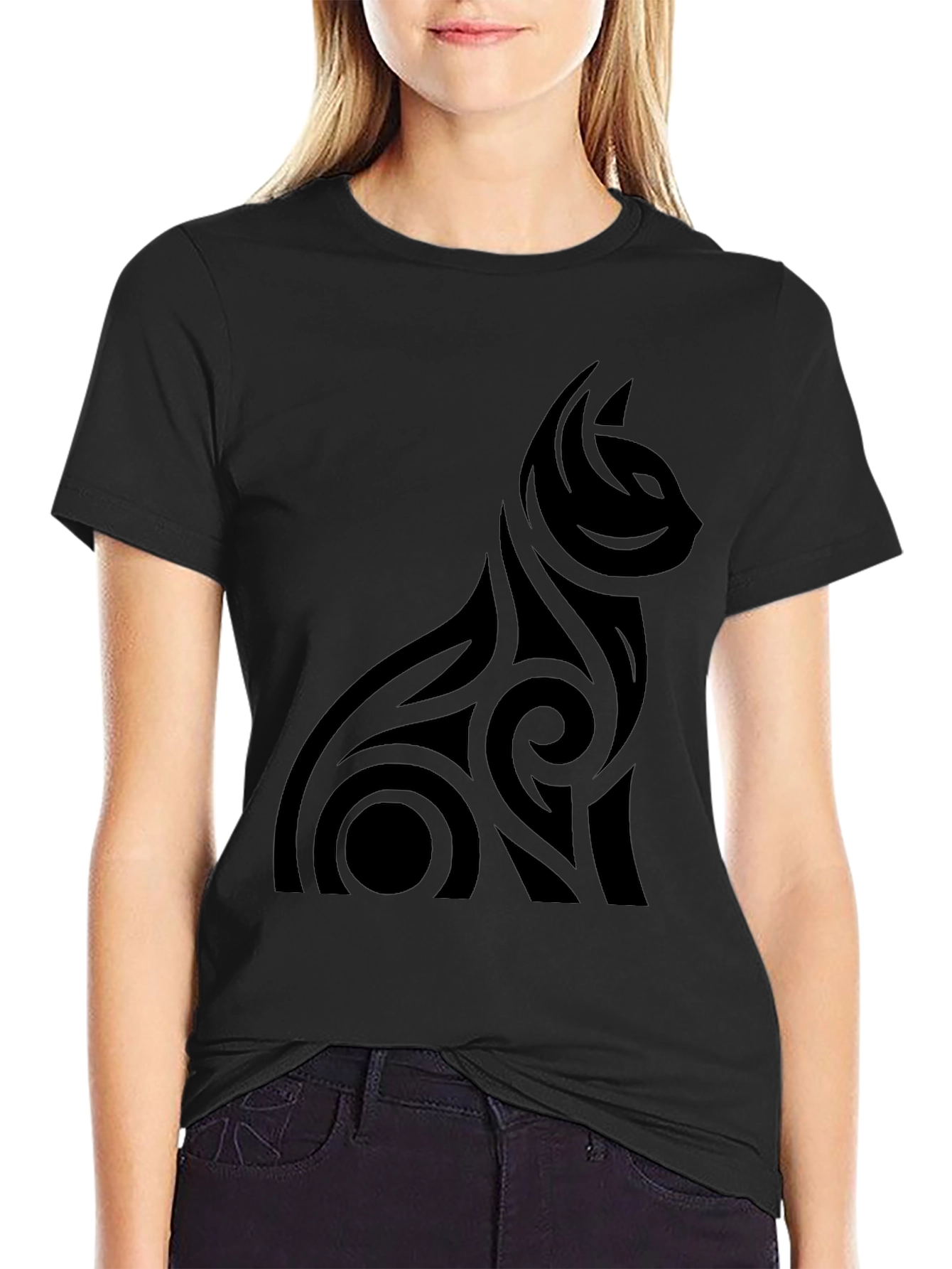 Mens Black Tribal Cat Graphic Tee