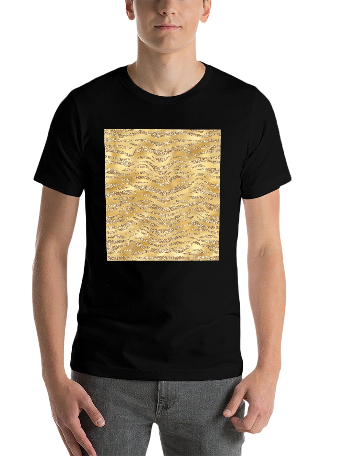 Gold Glitter Zebra Print Black T-Shirt