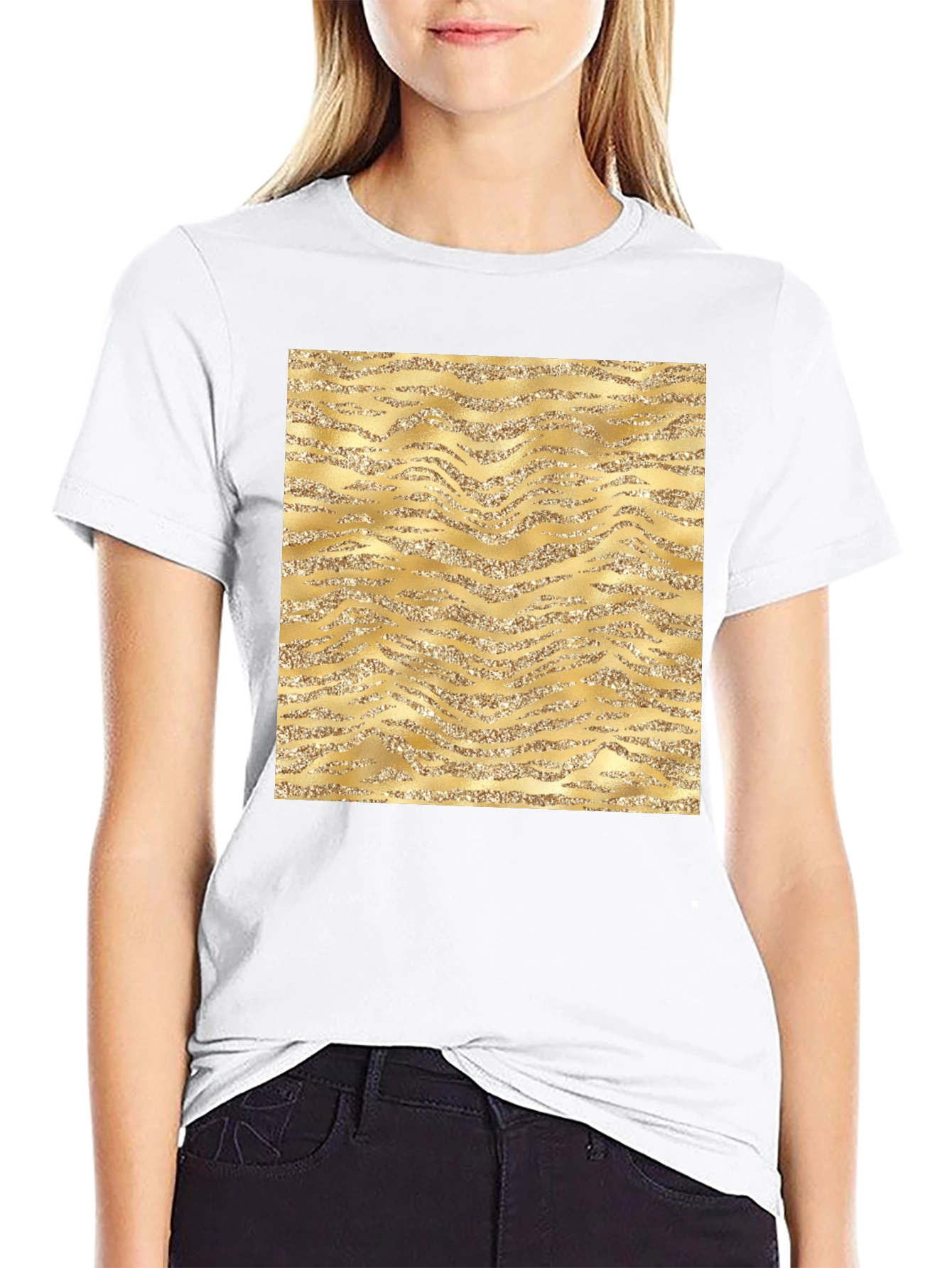 Gold Glitter Zebra Print Black T-Shirt