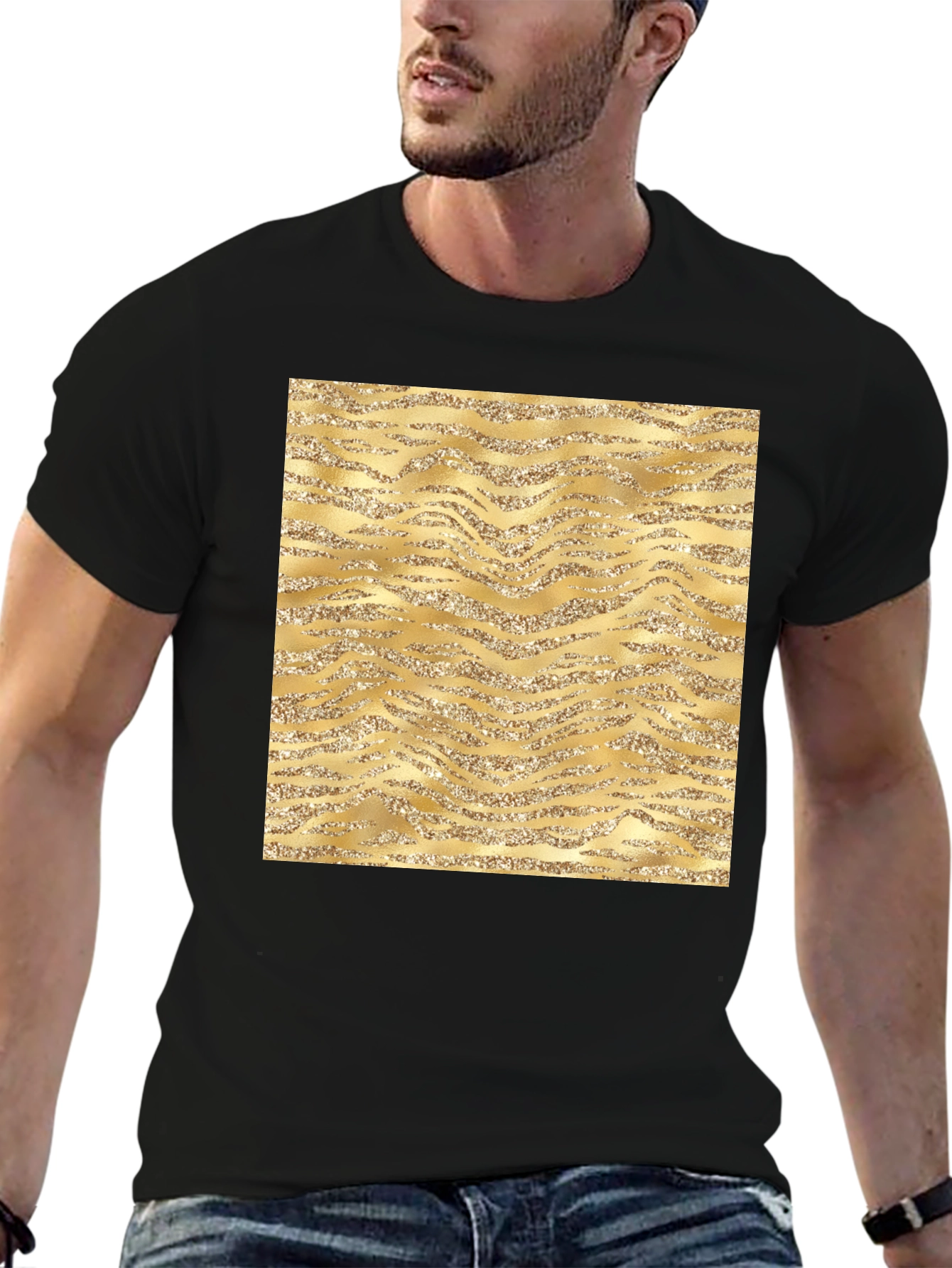 Gold Glitter Zebra Print Black T-Shirt