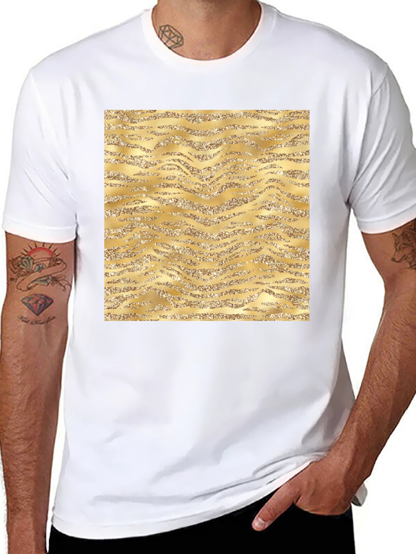 Gold Glitter Zebra Print Black T-Shirt