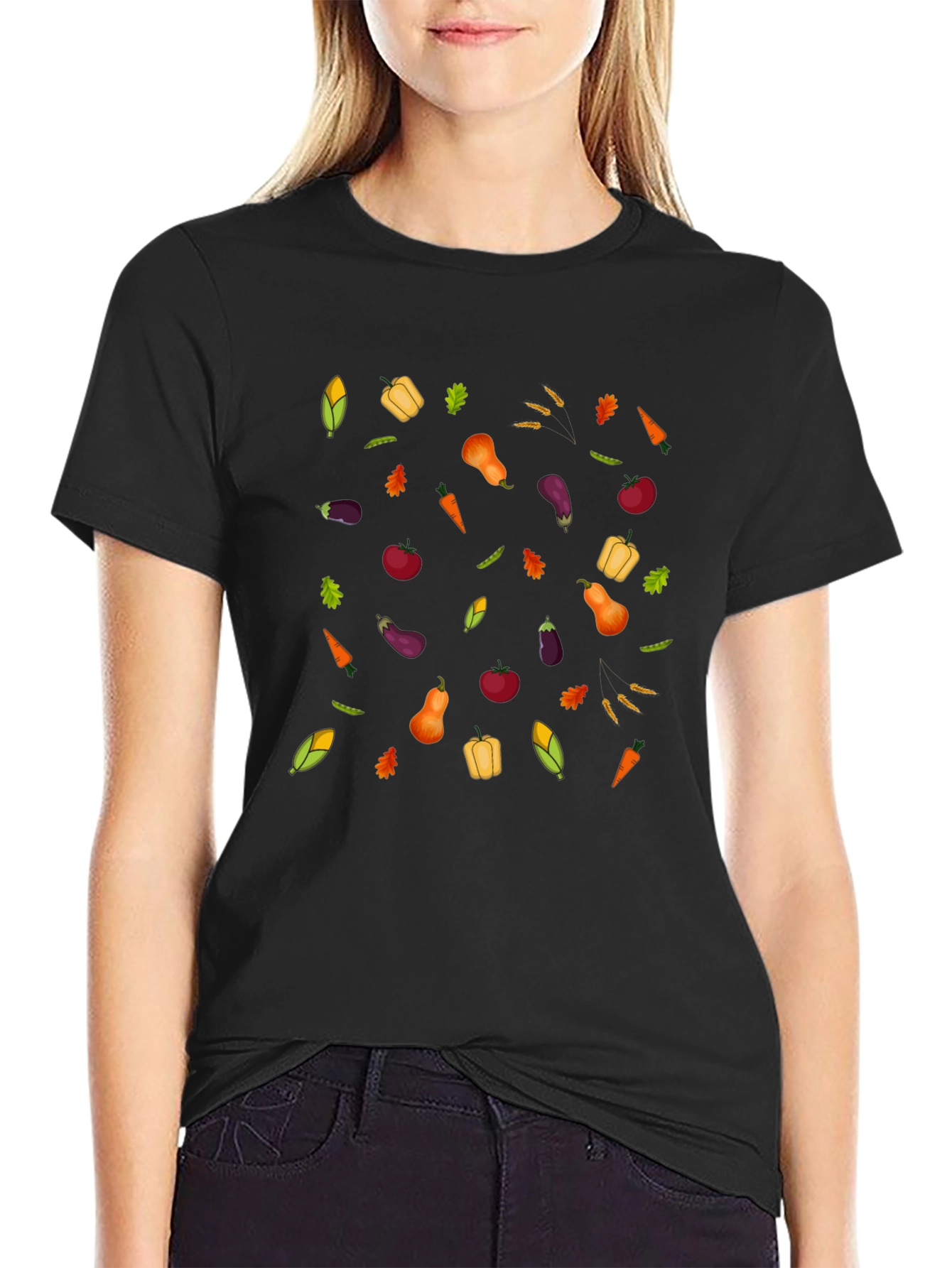 Harvest Vegetable Print Black T-Shirt