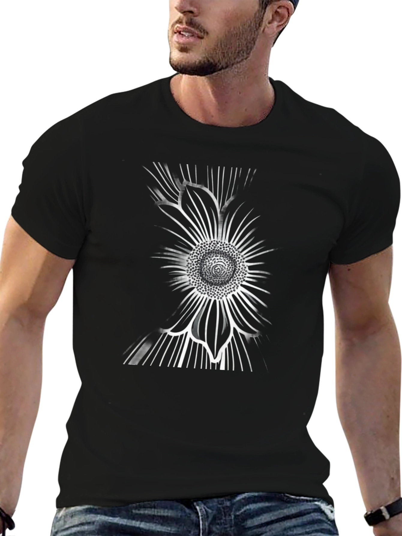 Abstract Sunflower Graphic Black T-Shirt
