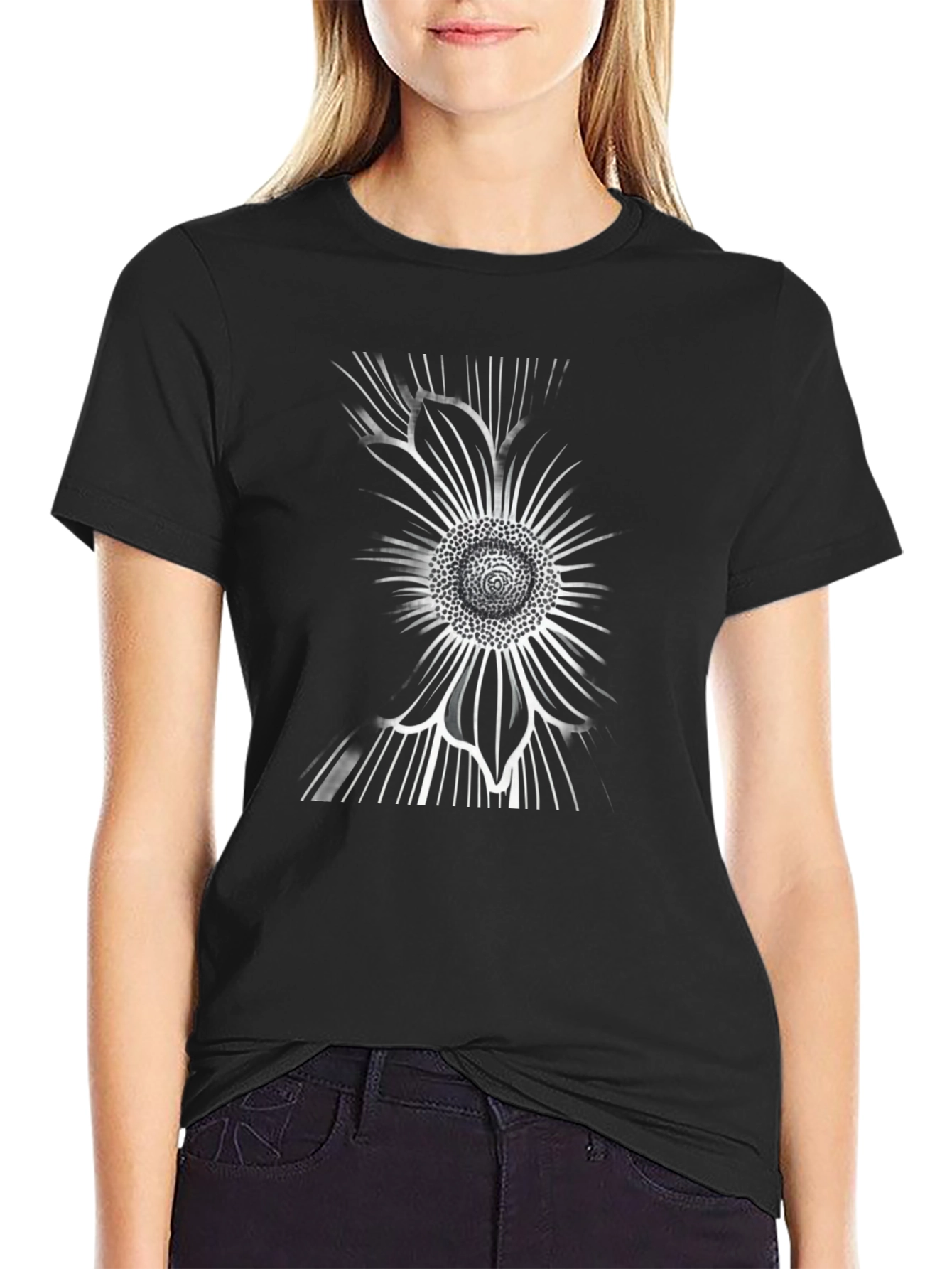Abstract Sunflower Graphic Black T-Shirt
