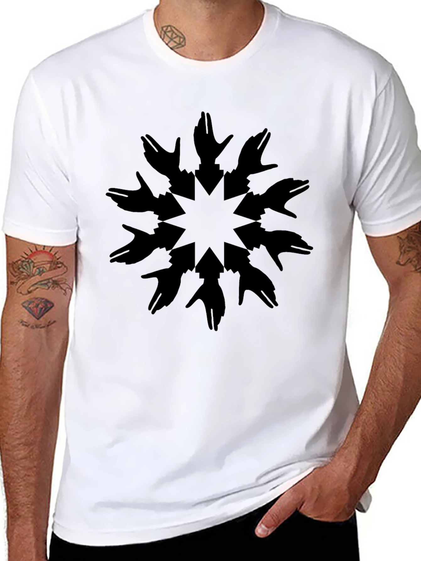 Graphic Print Tee - Black Hands Star Design