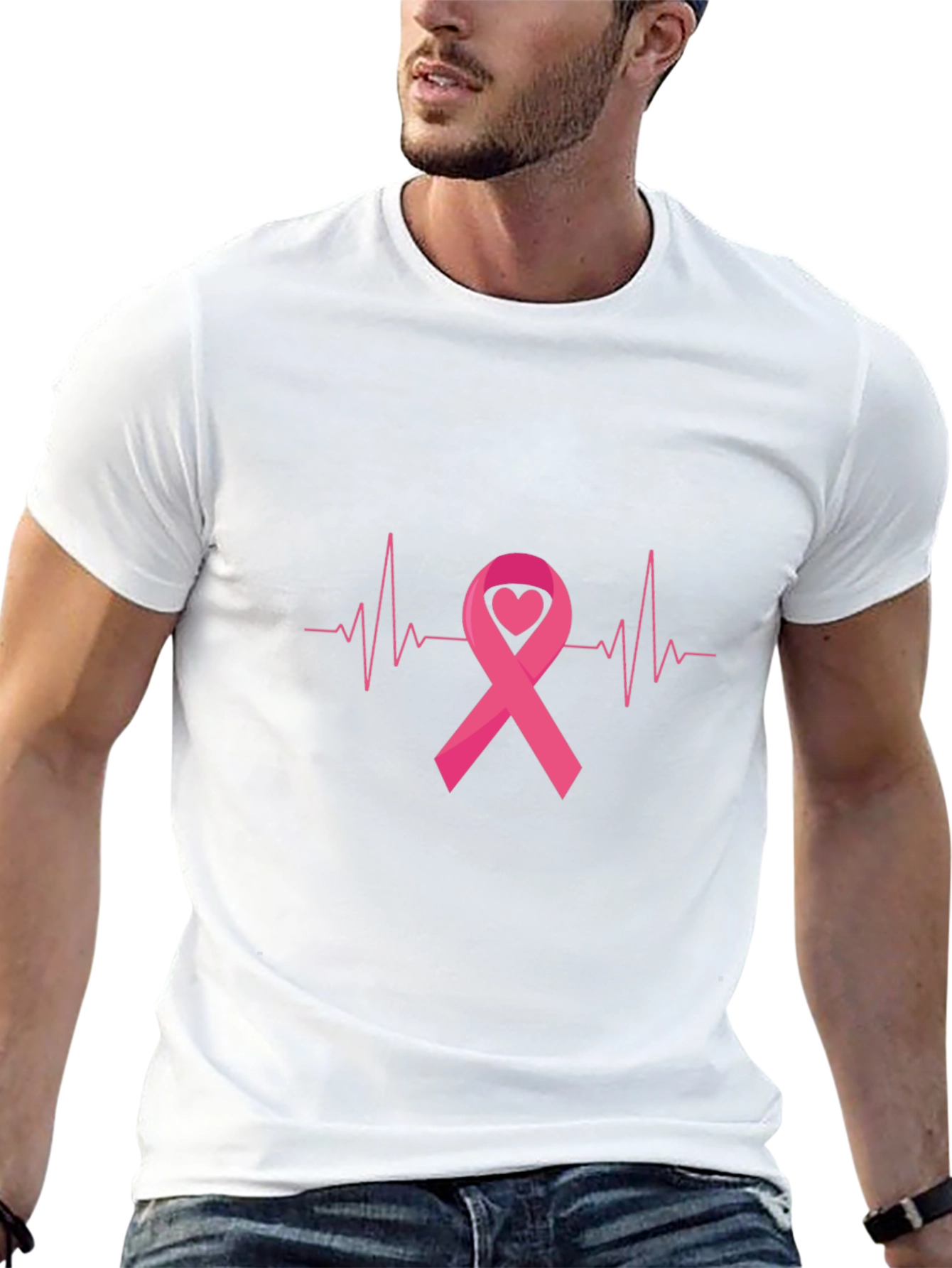 Breast Cancer Awareness Ribbon Heartbeat Black T-Shirt
