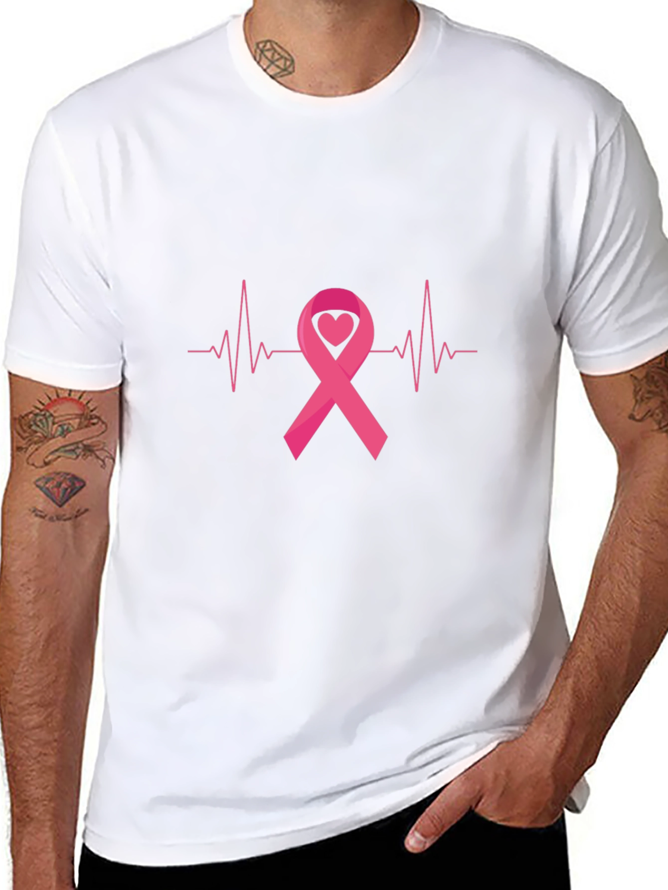 Breast Cancer Awareness Ribbon Heartbeat Black T-Shirt