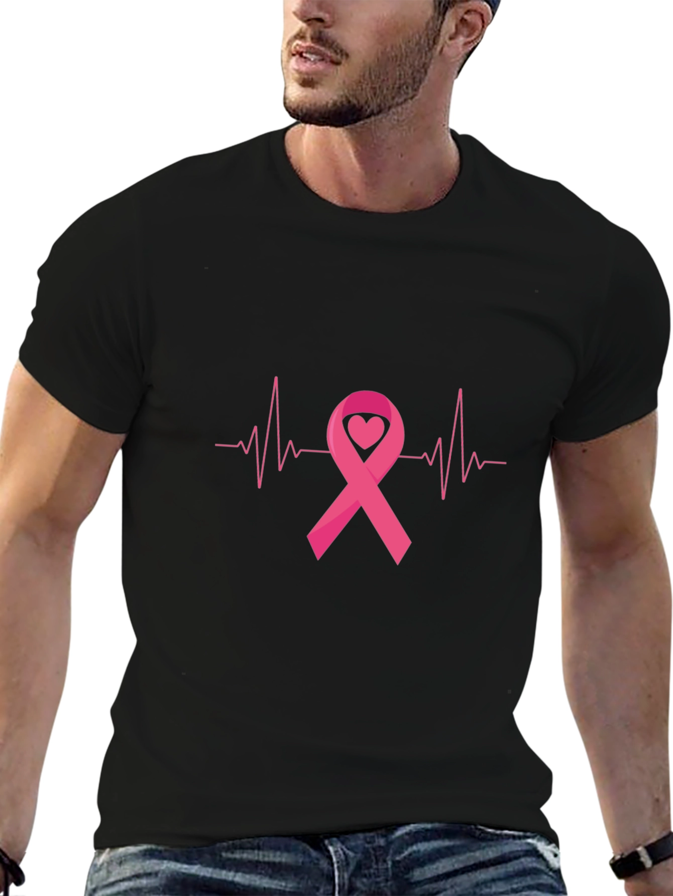 Breast Cancer Awareness Ribbon Heartbeat Black T-Shirt