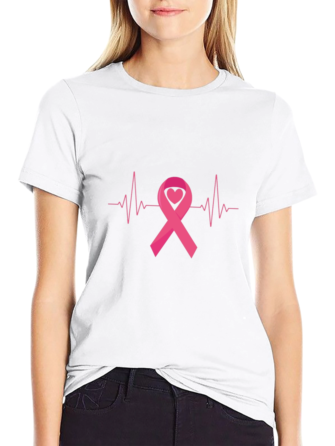 Breast Cancer Awareness Ribbon Heartbeat Black T-Shirt