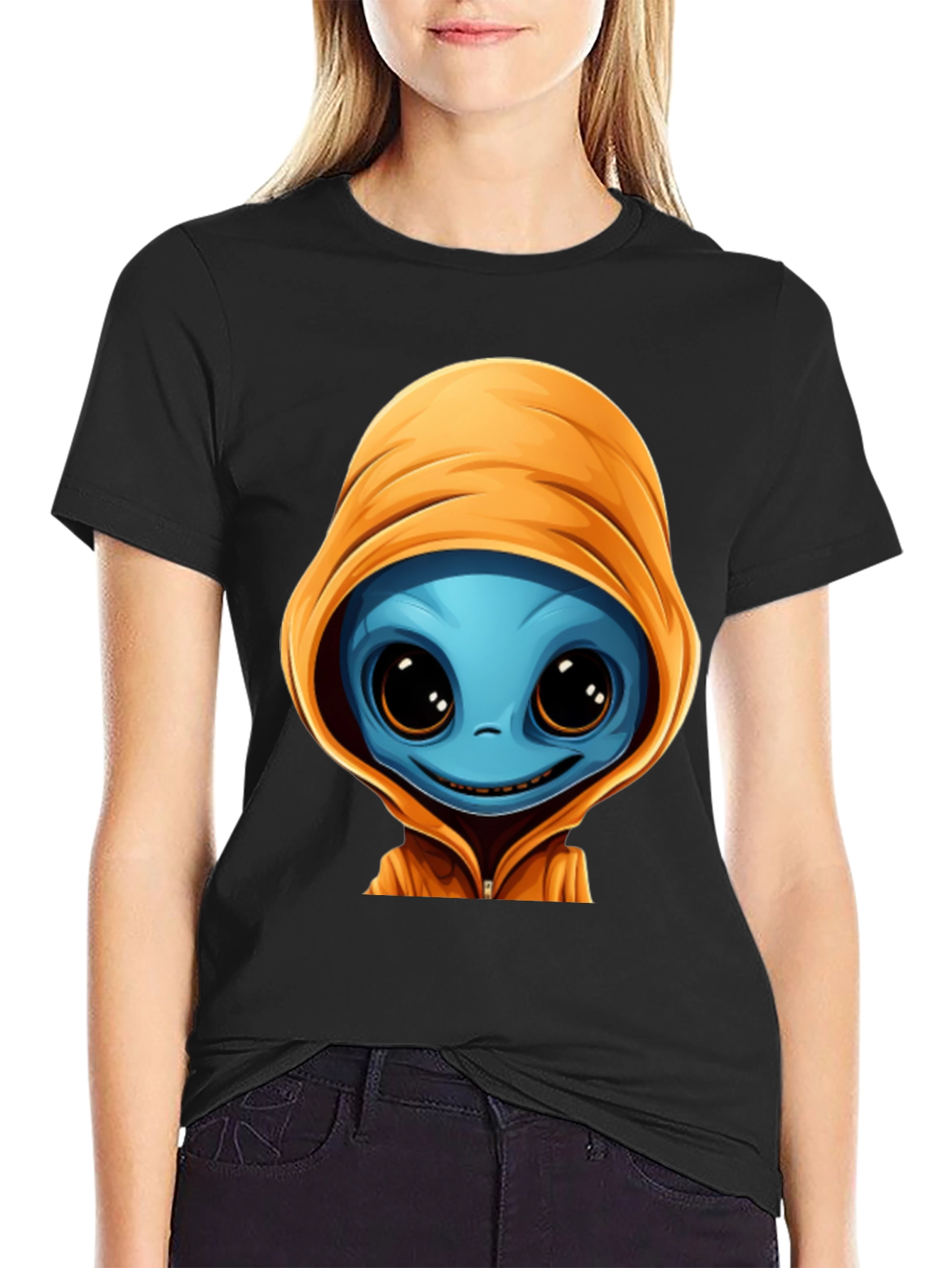 Alien Cartoon Graphic Tee - Black