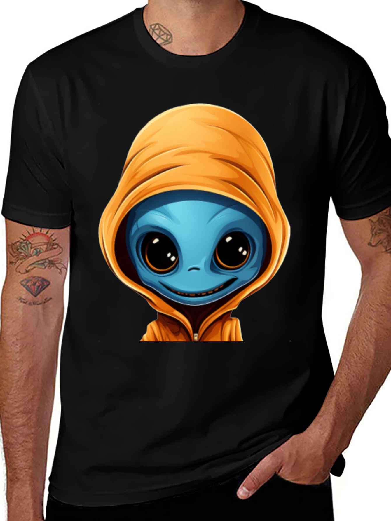 Alien Cartoon Graphic Tee - Black