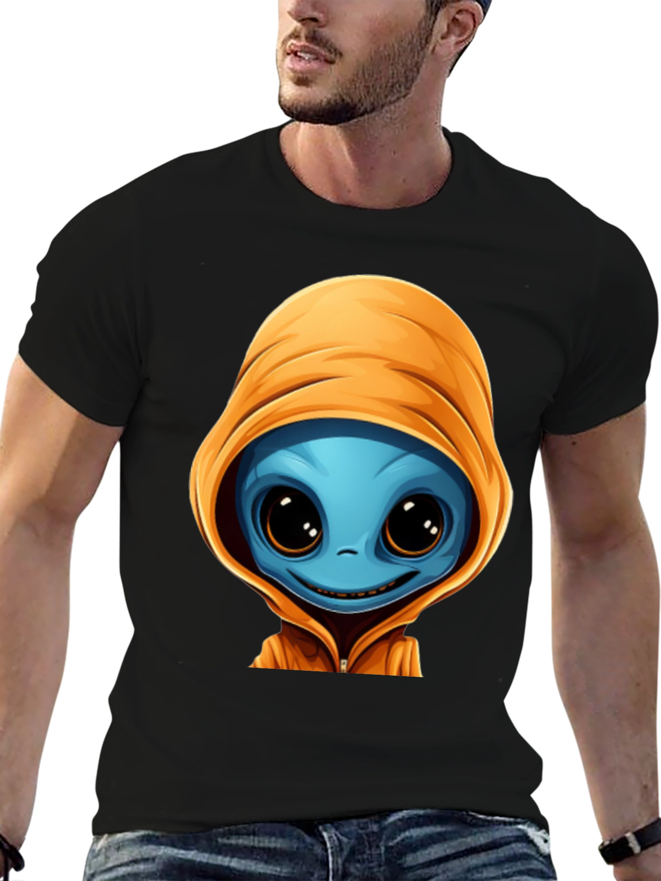 Alien Cartoon Graphic Tee - Black