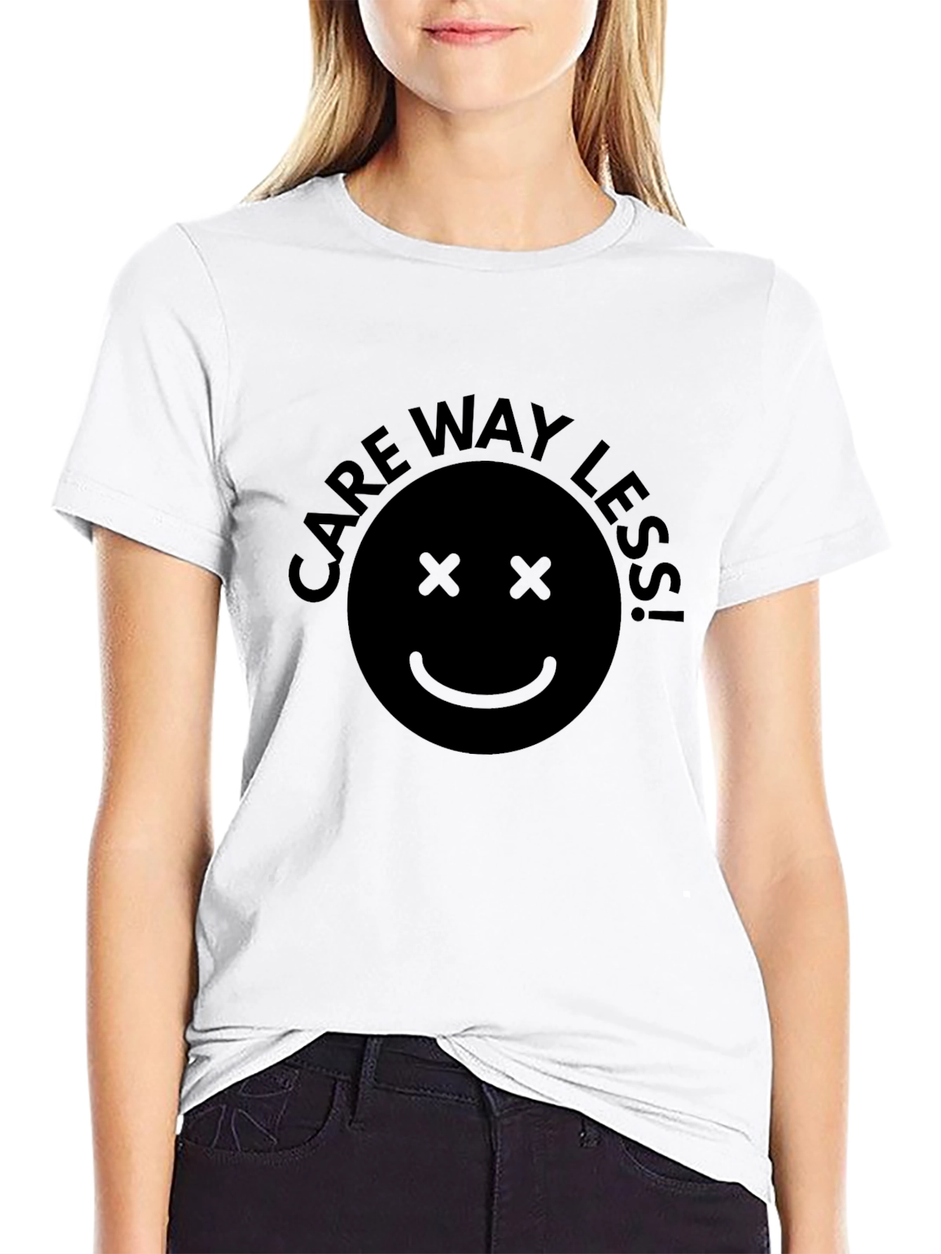 Care Way Less Smiley Face Black T-Shirt