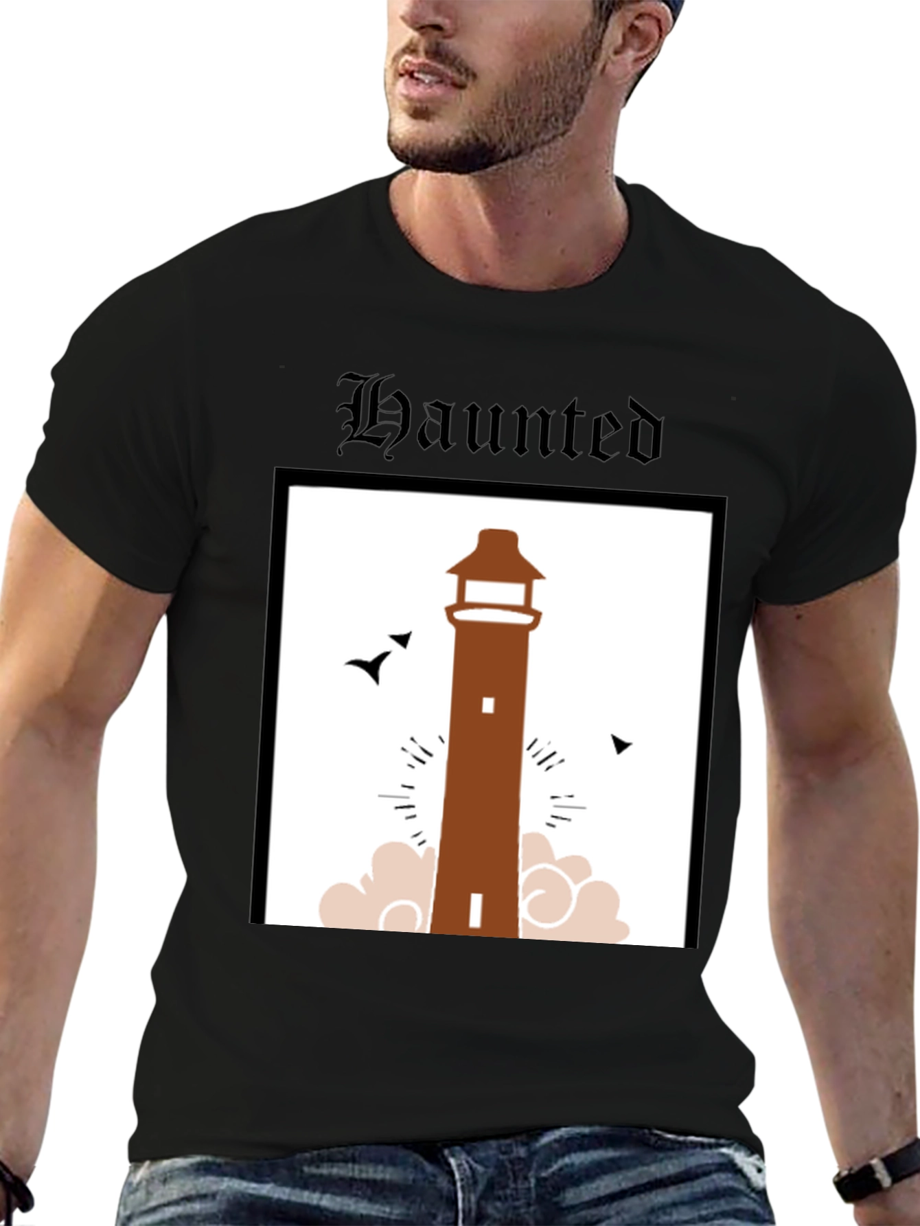Haunted Lighthouse Graphic Tee - Black Cotton T-Shirt