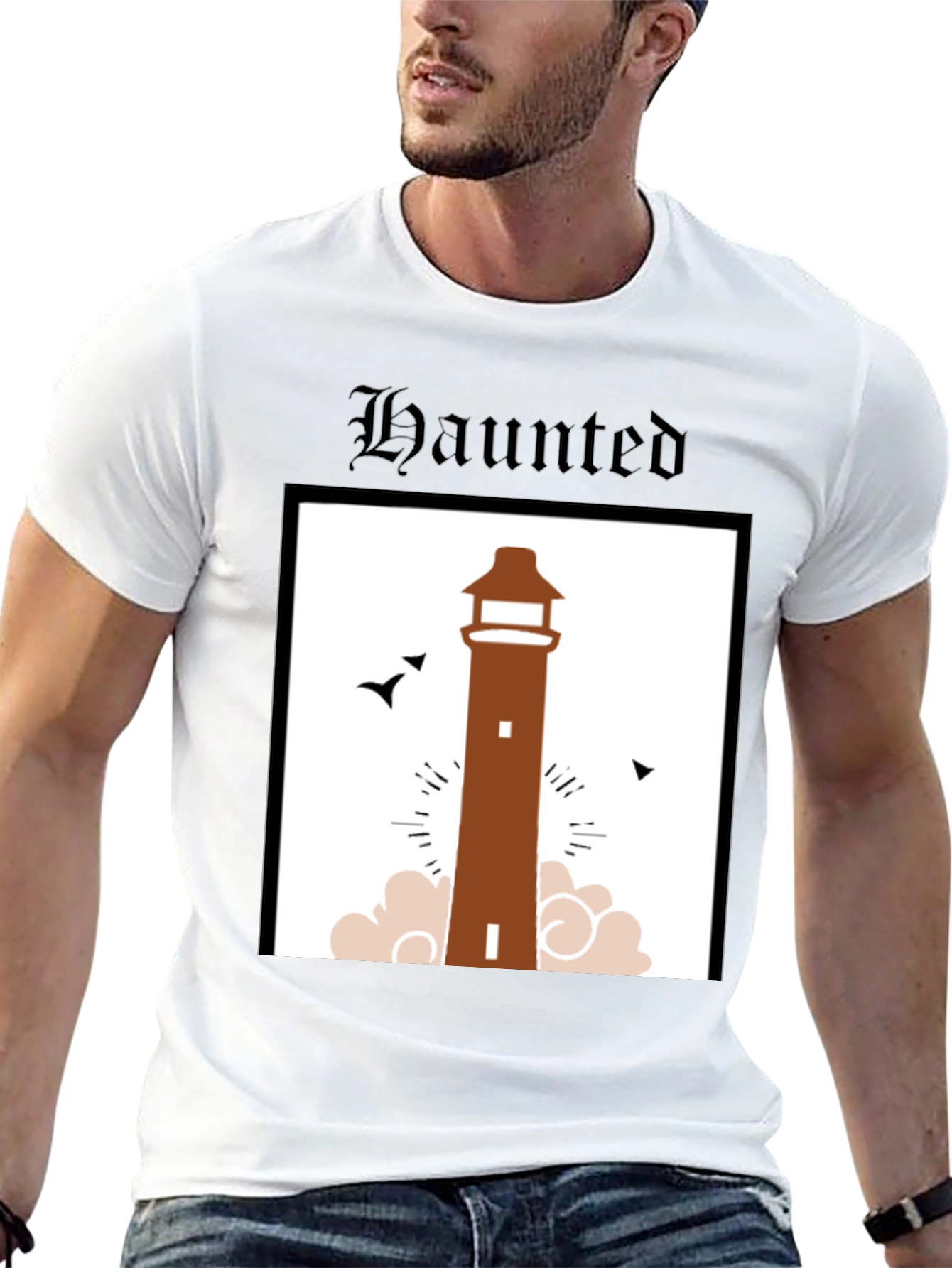 Haunted Lighthouse Graphic Tee - Black Cotton T-Shirt