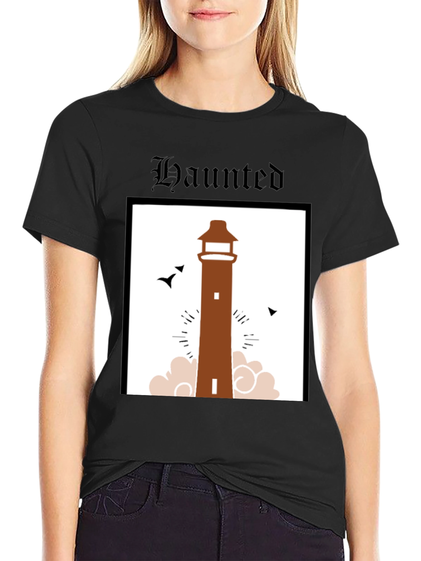 Haunted Lighthouse Graphic Tee - Black Cotton T-Shirt