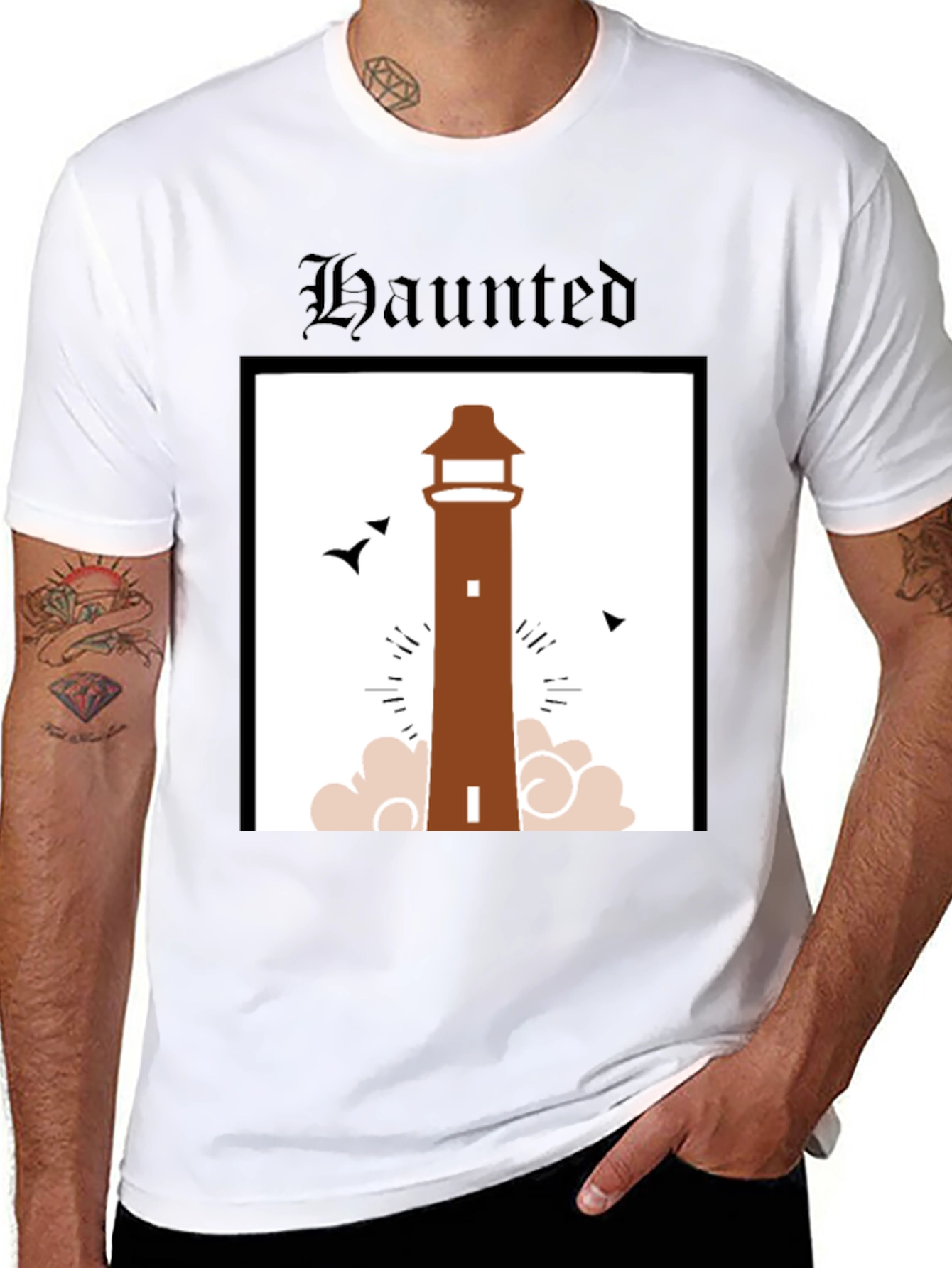 Haunted Lighthouse Graphic Tee - Black Cotton T-Shirt