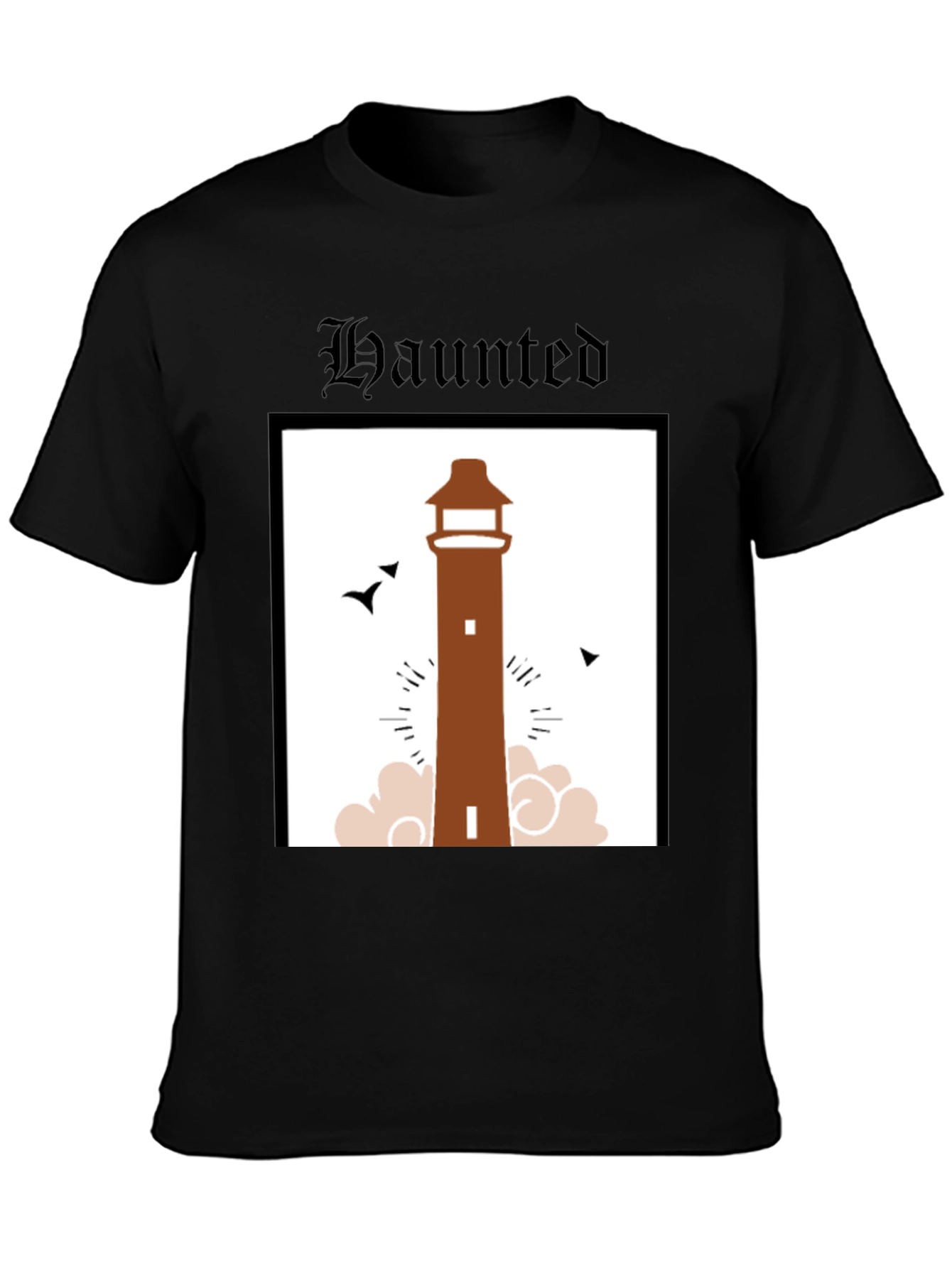 Haunted Lighthouse Graphic Tee - Black Cotton T-Shirt