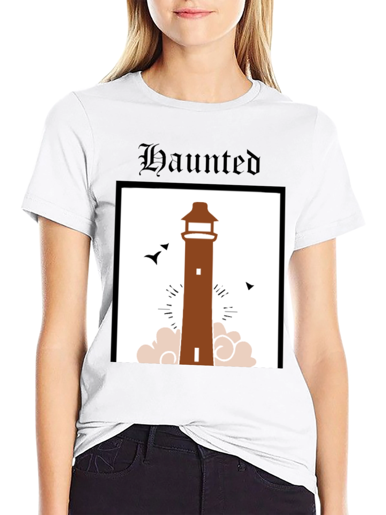 Haunted Lighthouse Graphic Tee - Black Cotton T-Shirt