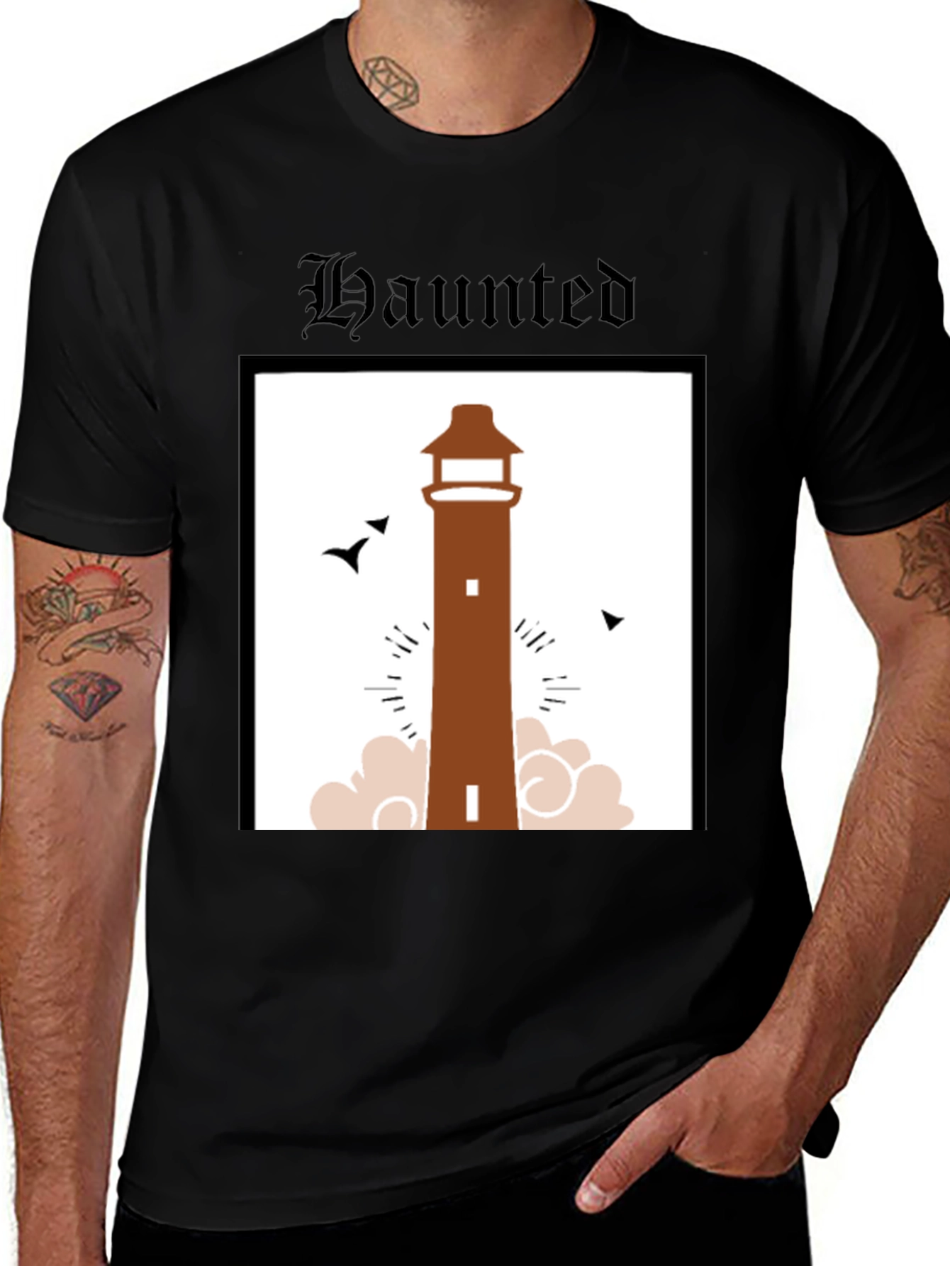 Haunted Lighthouse Graphic Tee - Black Cotton T-Shirt