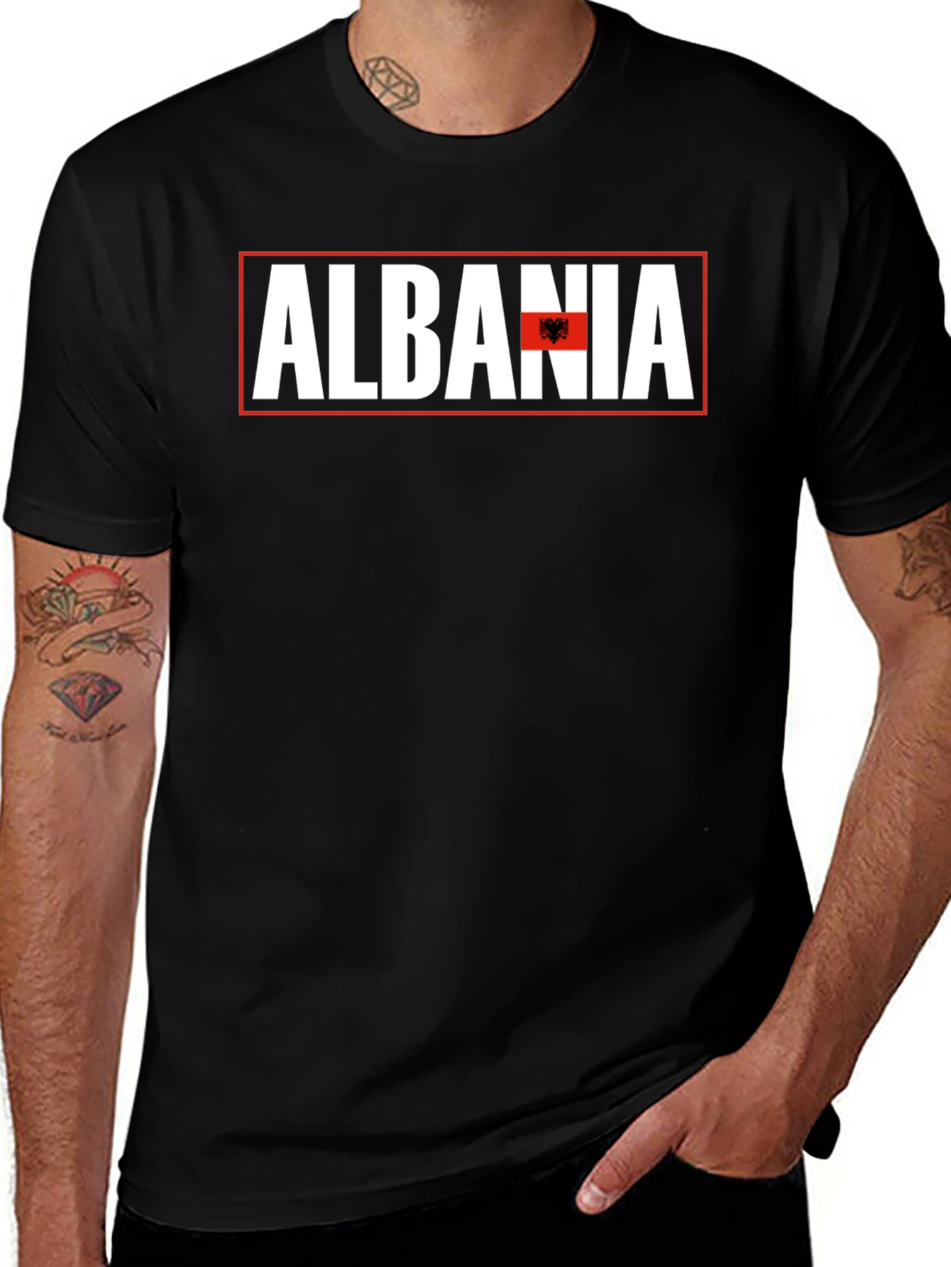 Albania Flag Graphic T-Shirt - Mens Black Tee