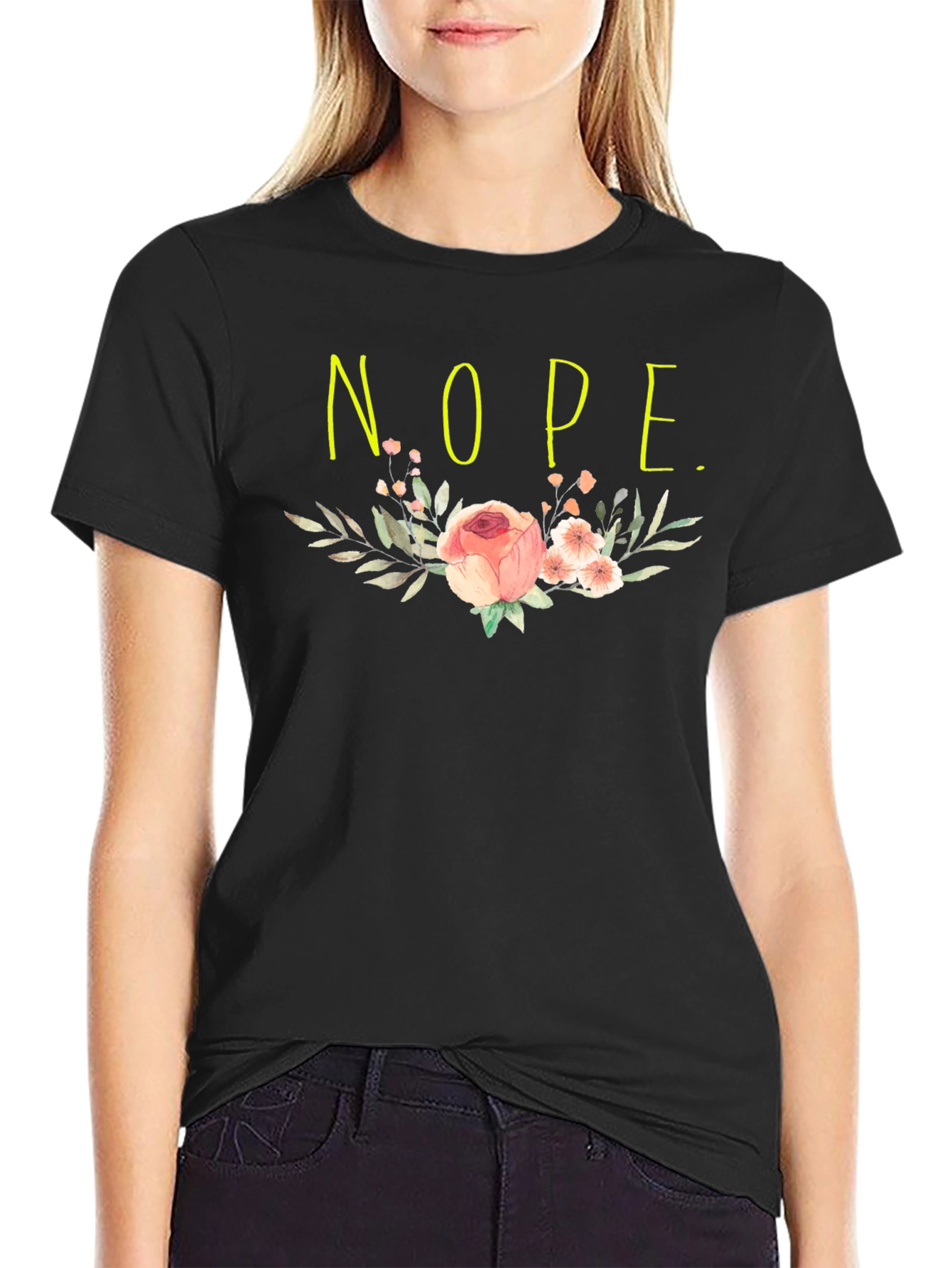 Floral Nope. Graphic Tee - Casual Black T-Shirt