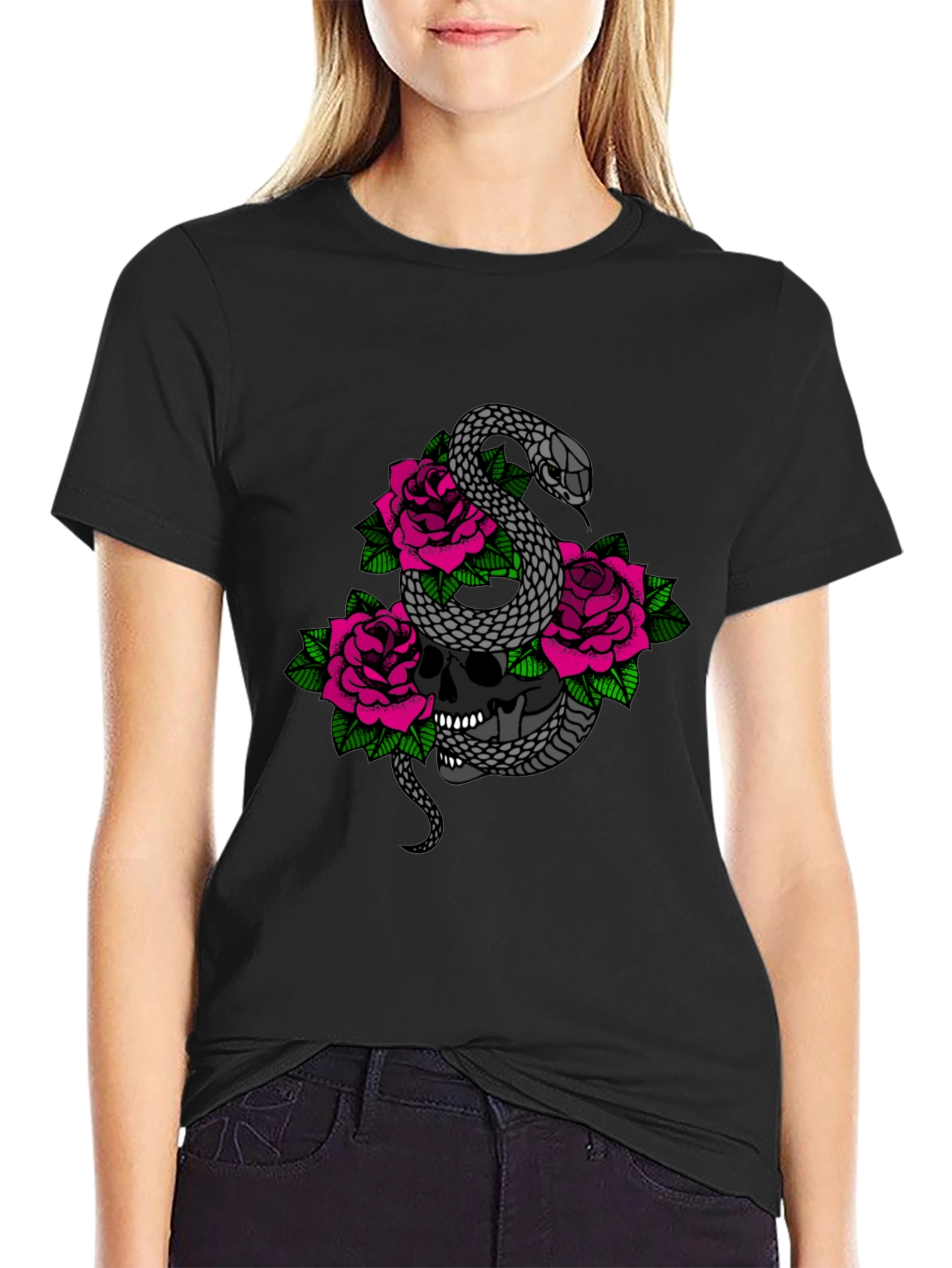 Skull Snake and Roses Graphic T-Shirt