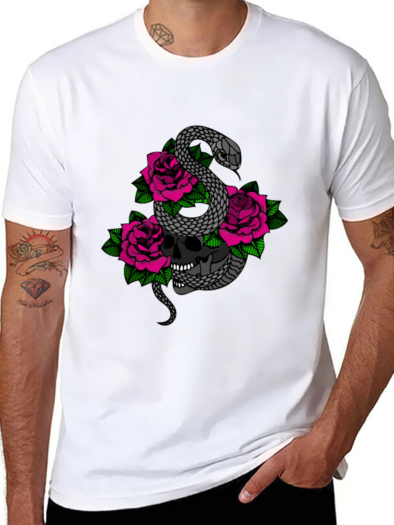 Skull Snake and Roses Graphic T-Shirt