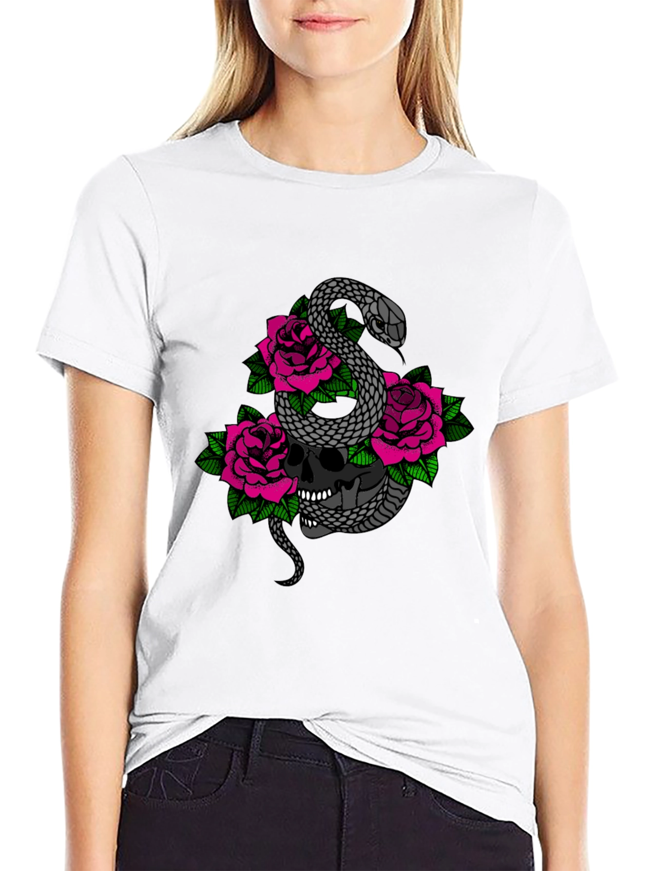 Skull Snake and Roses Graphic T-Shirt