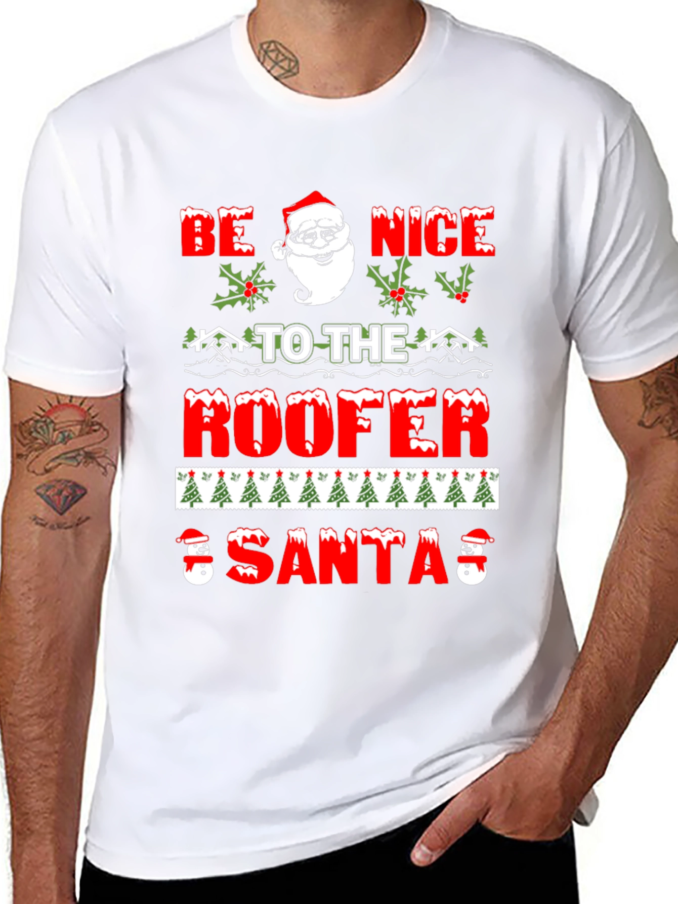 Be Nice To The Roofer Santa Christmas Graphic T-Shirt