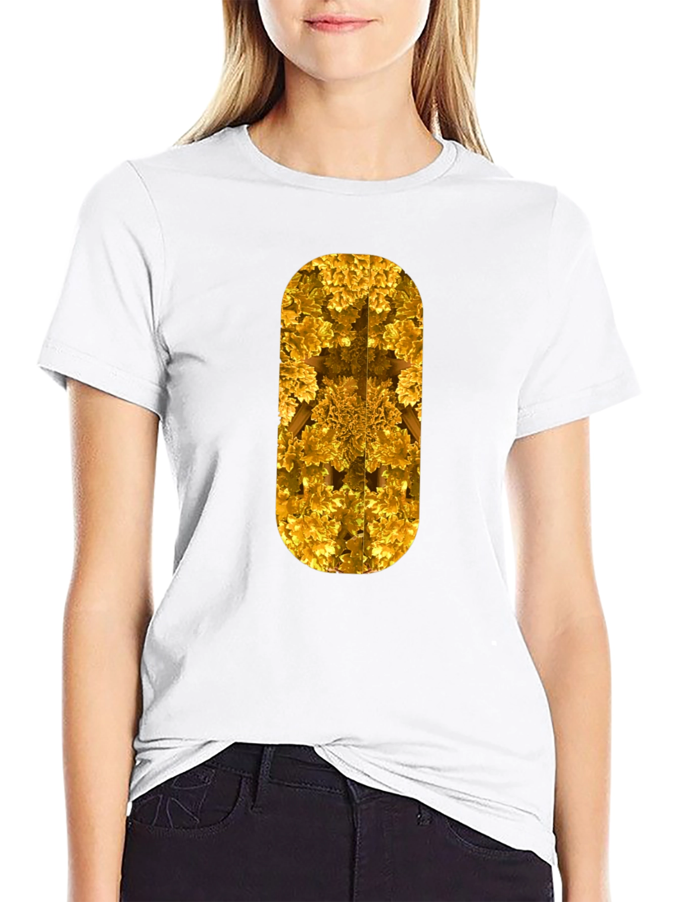 Golden Fractal Print Black T-Shirt