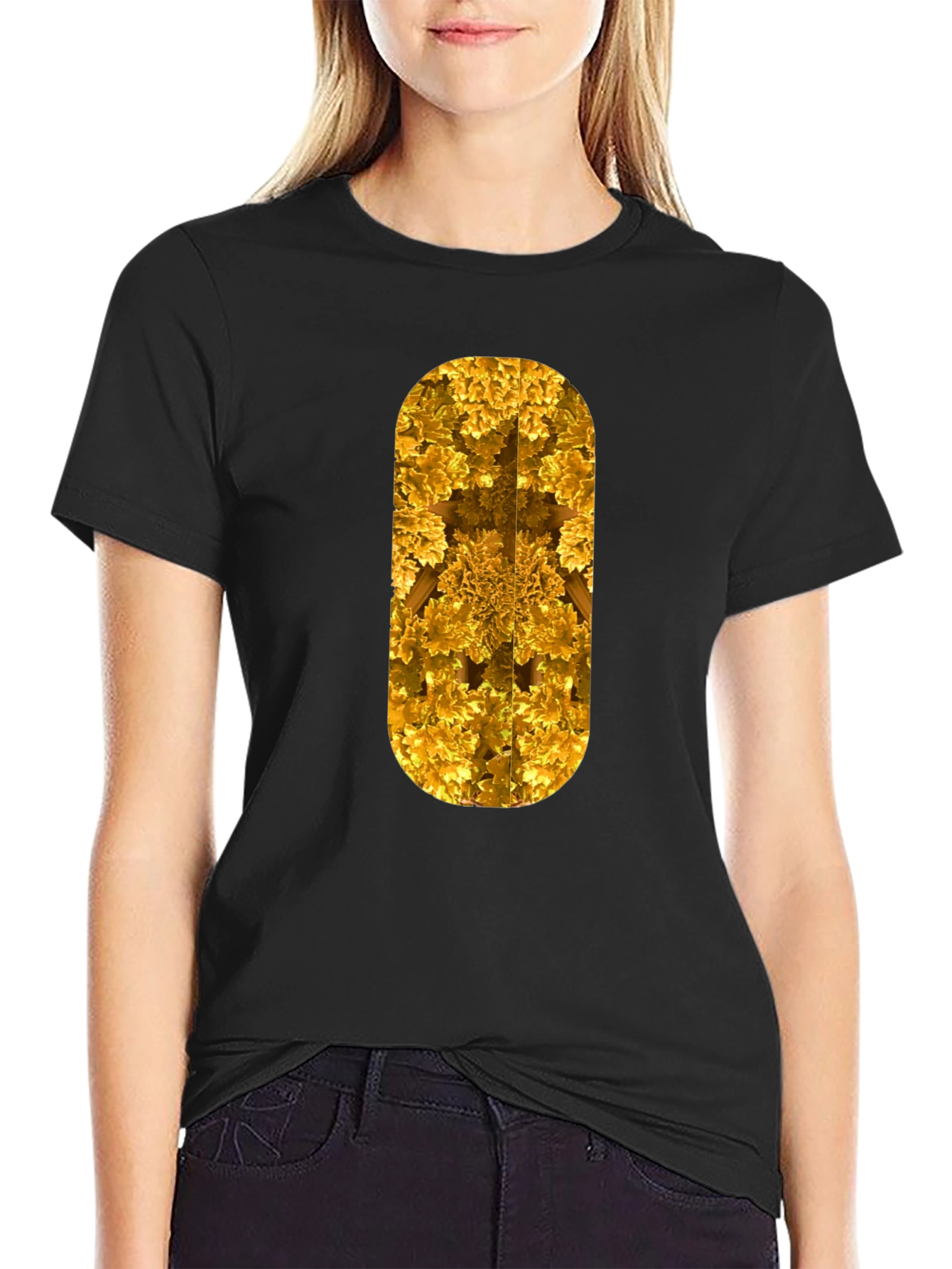 Golden Fractal Print Black T-Shirt