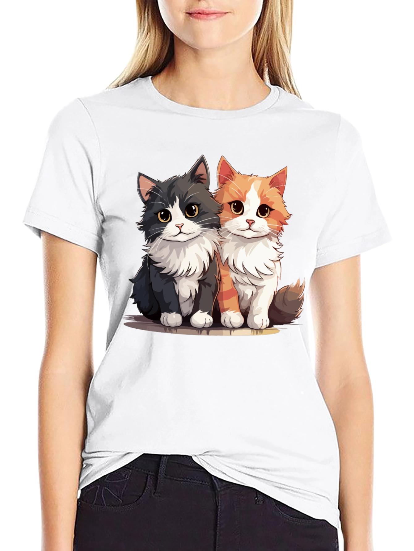 Cute Cartoon Cats Graphic Black T-Shirt